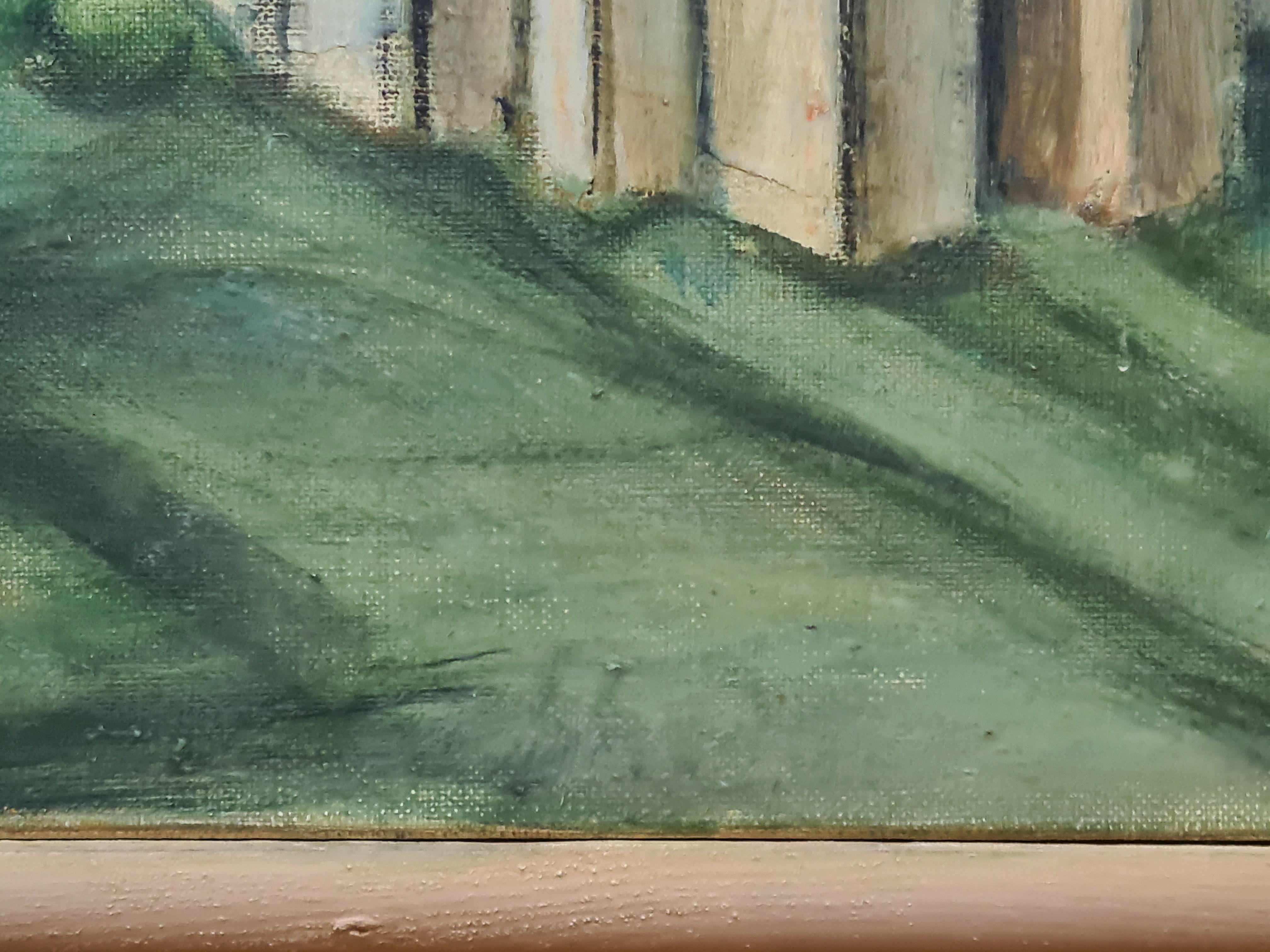 Painting of a church or monastery in a garden, mid century, oil on canvas by Reginald Schoedelin. The painting is indistinctly signed bottom right, but there is a notation and attribution on the back stretcher. Presented in a plain wood baton