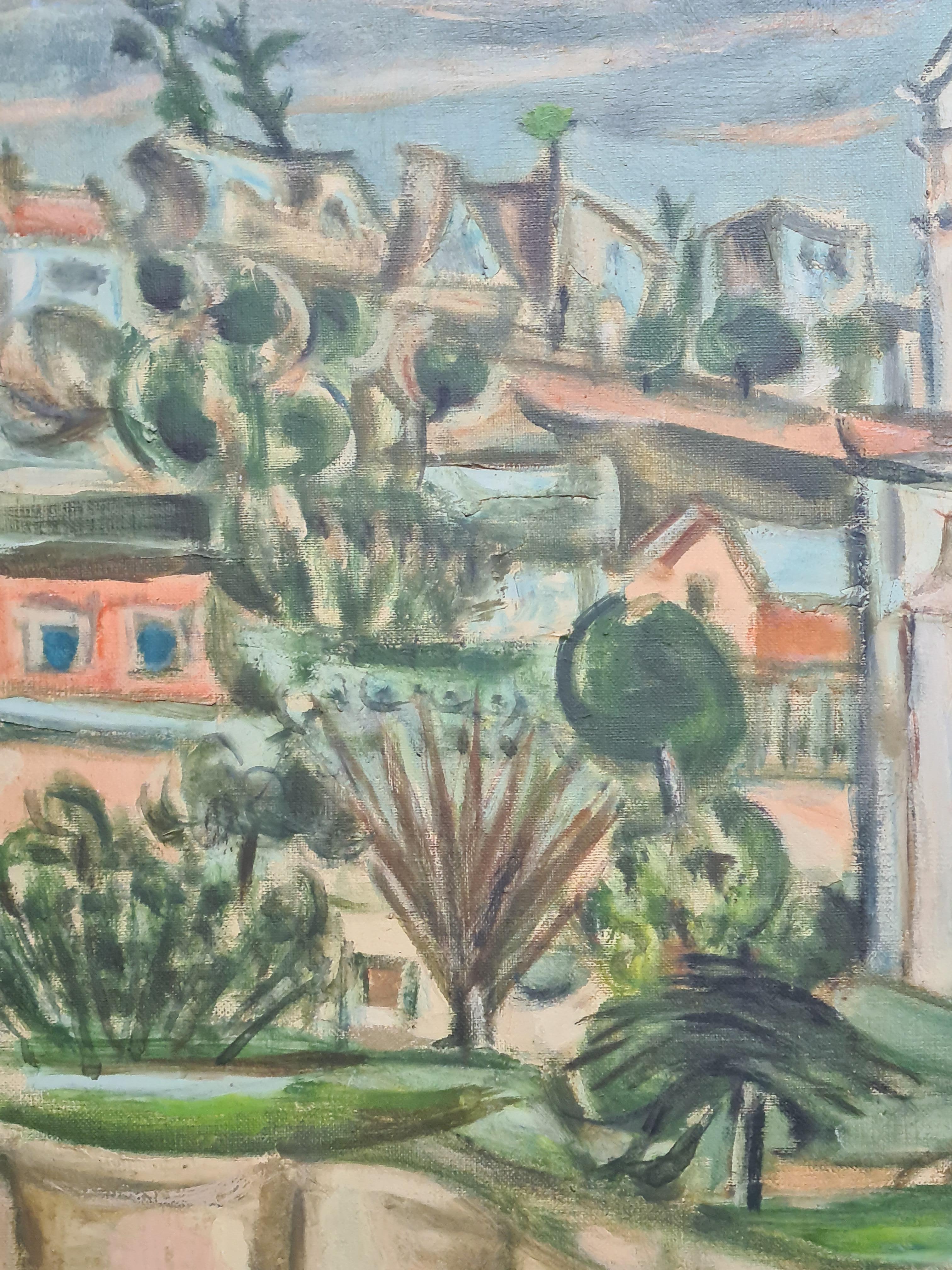Mid Century Painting of a Church, In a Monastery Garden For Sale 1