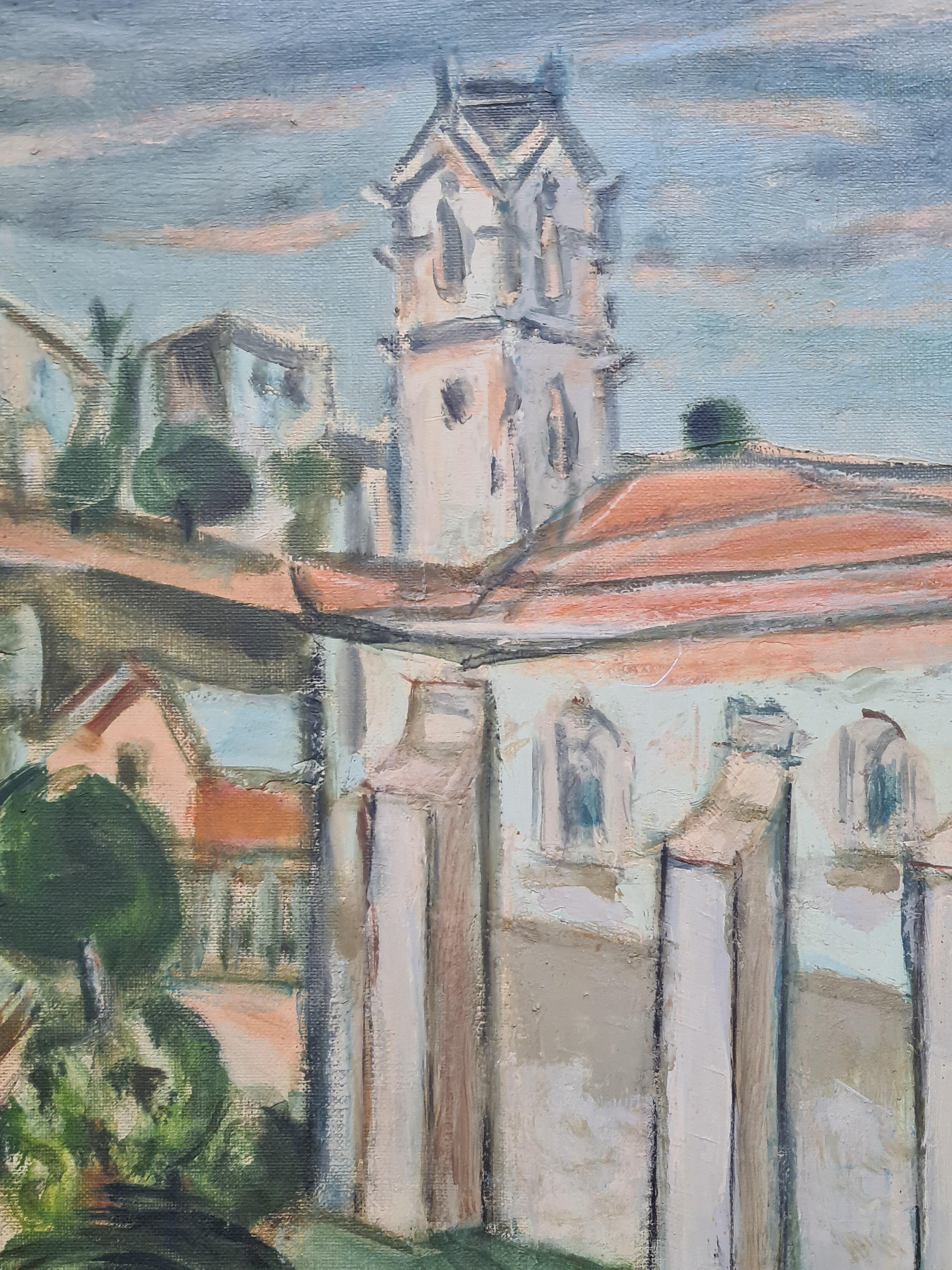 Mid Century Painting of a Church, In a Monastery Garden For Sale 2