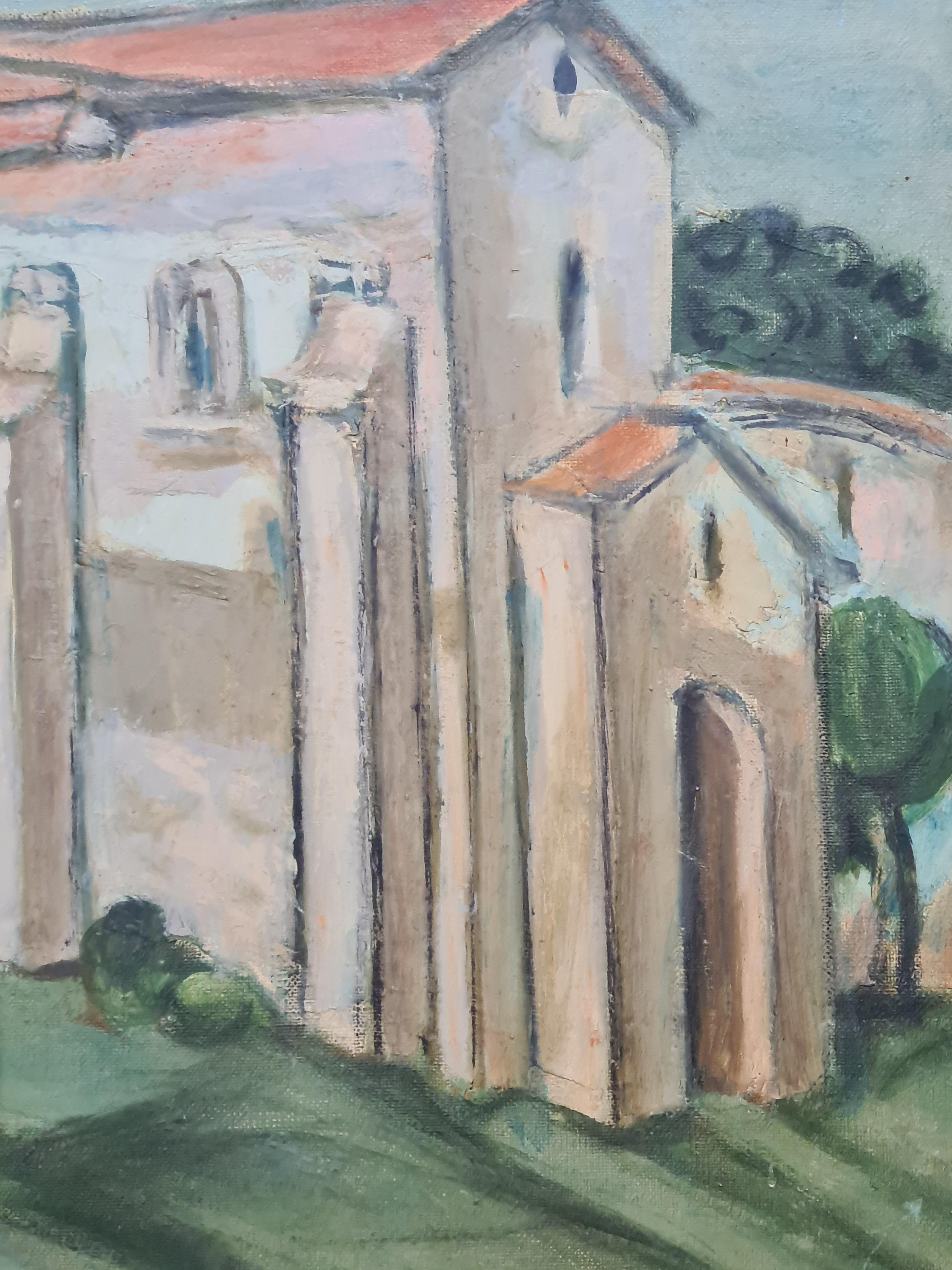 Mid Century Painting of a Church, In a Monastery Garden For Sale 3