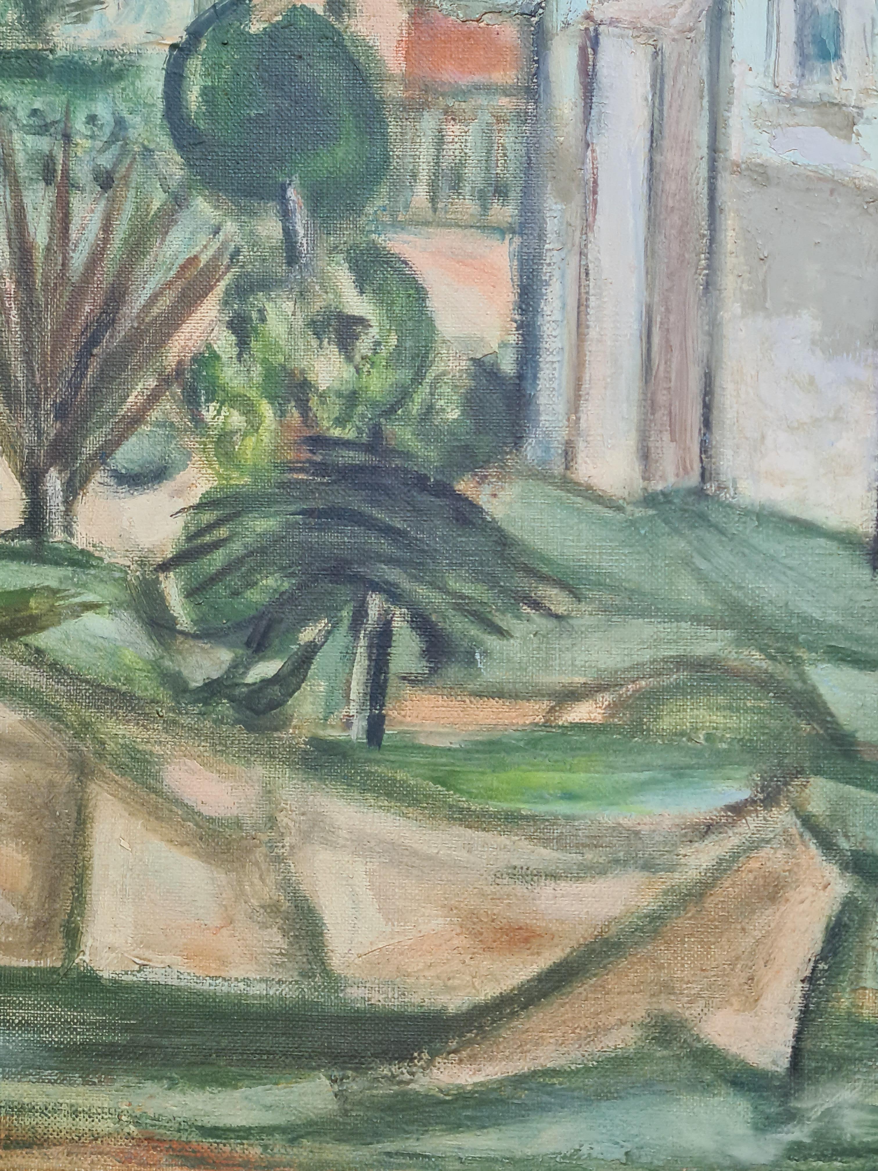 Mid Century Painting of a Church, In a Monastery Garden For Sale 4