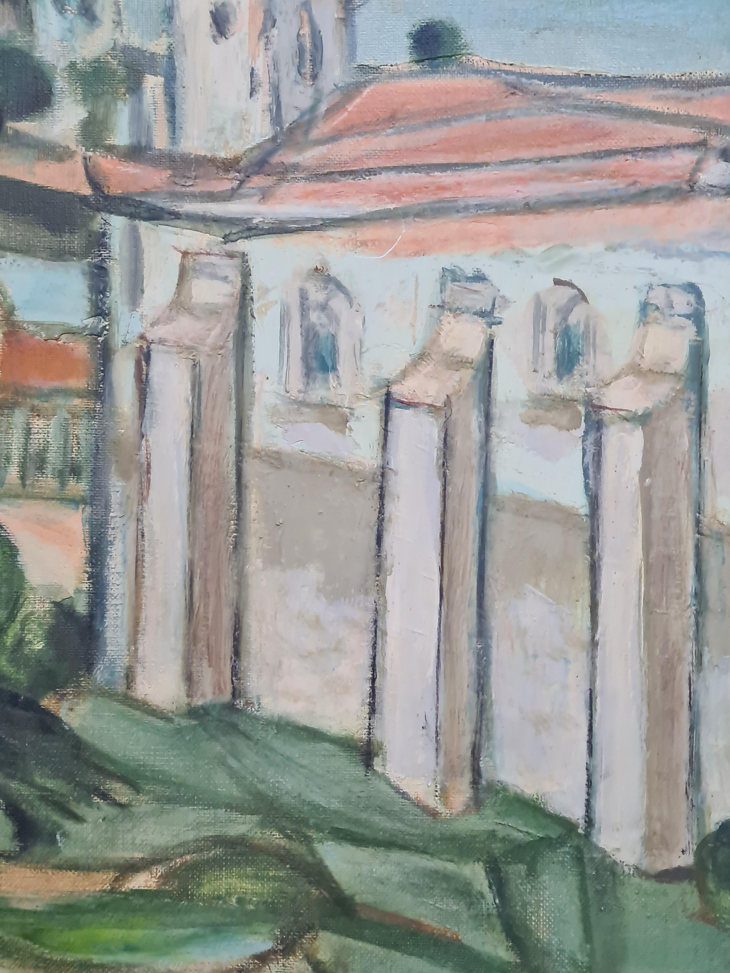 Mid Century Painting of a Church, In a Monastery Garden For Sale 5