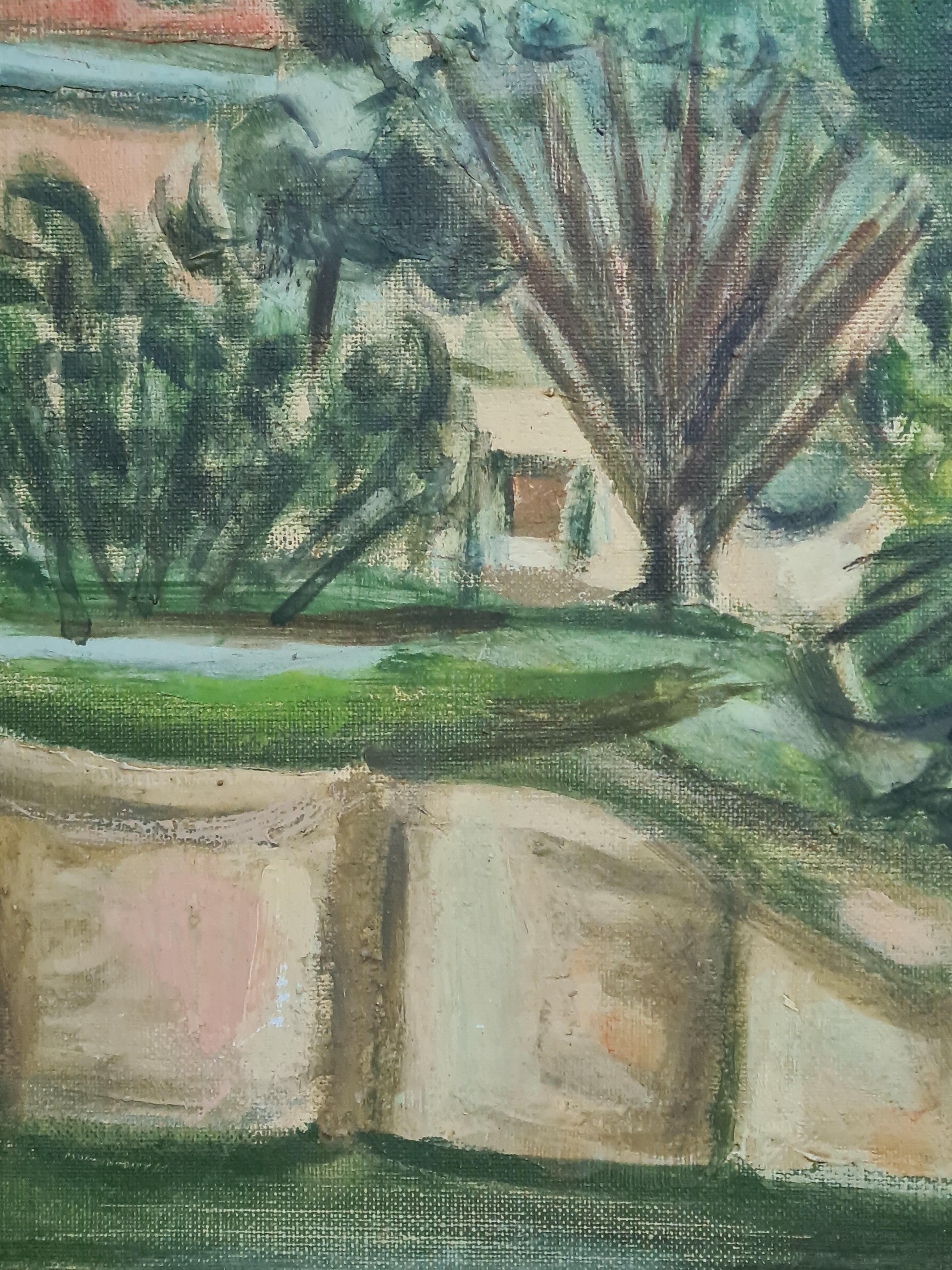 Mid Century Painting of a Church, In a Monastery Garden For Sale 6