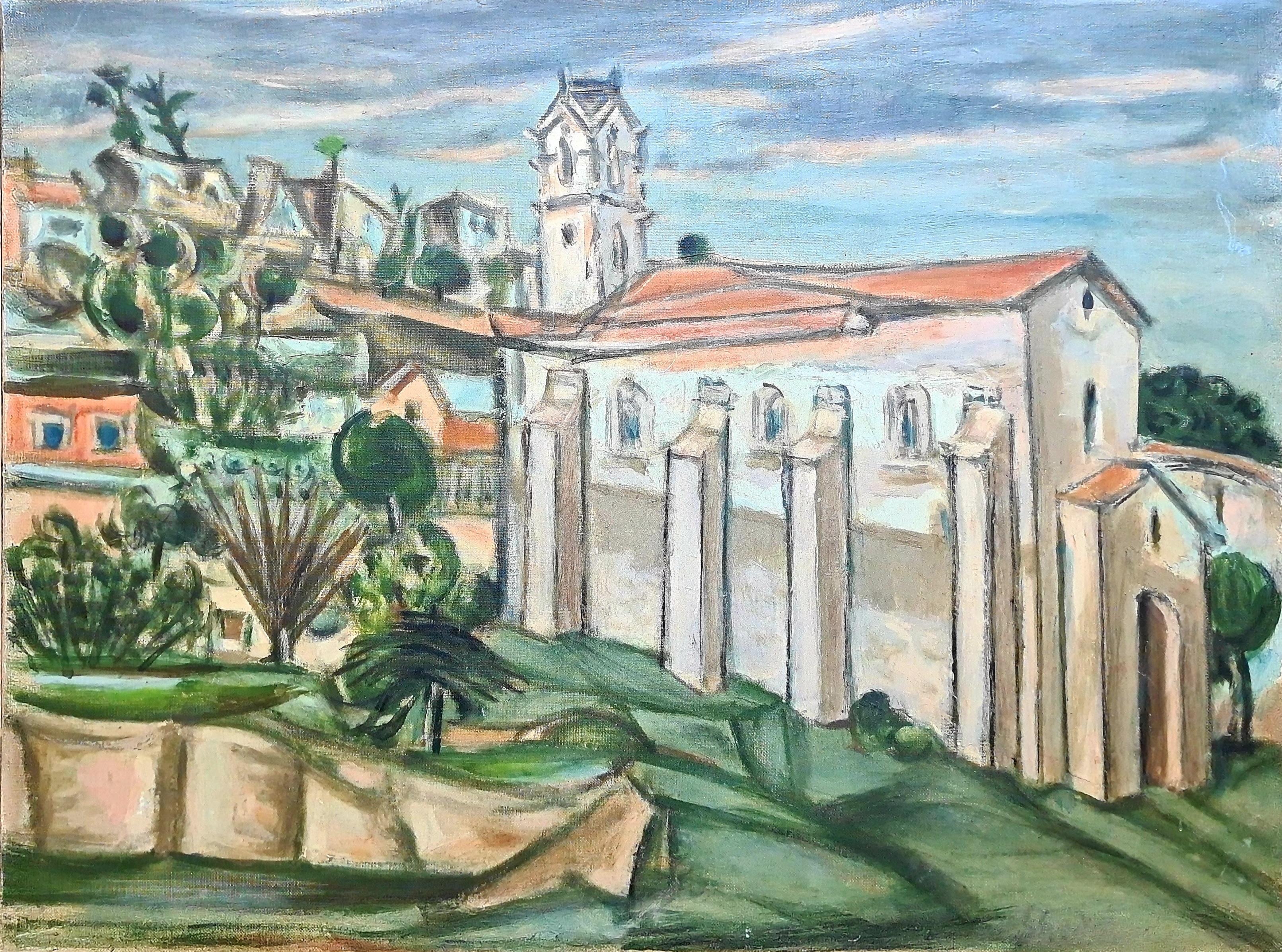 Shedlin (Reginald Schoedelin) Landscape Painting - Mid Century Painting of a Church, In a Monastery Garden