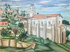 Mid Century Painting of a Church, In a Monastery Garden