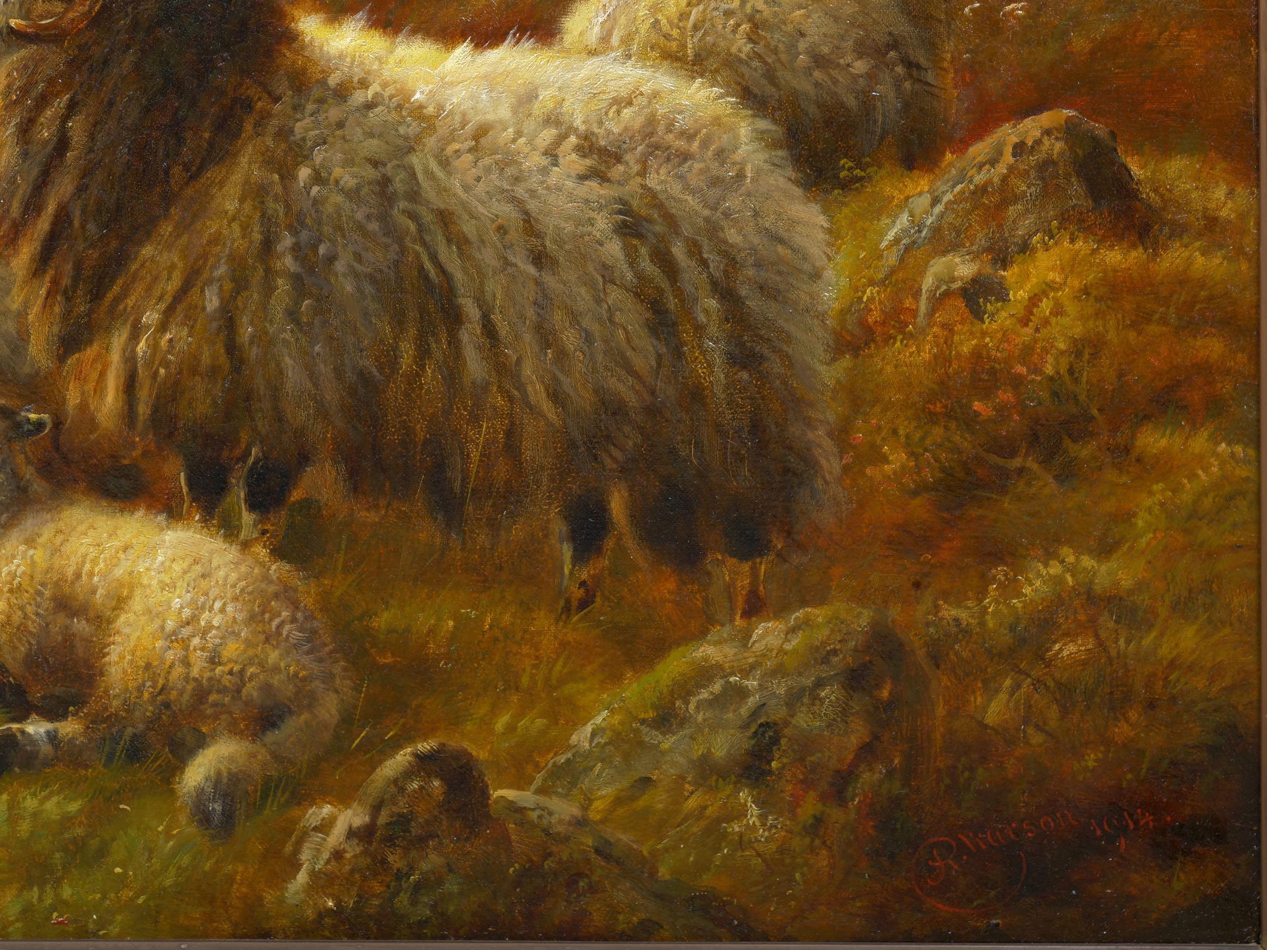 “Sheep at Rest in the Highlands” '1914' Antique Oil Painting by Robert Watson In Good Condition In Shippensburg, PA