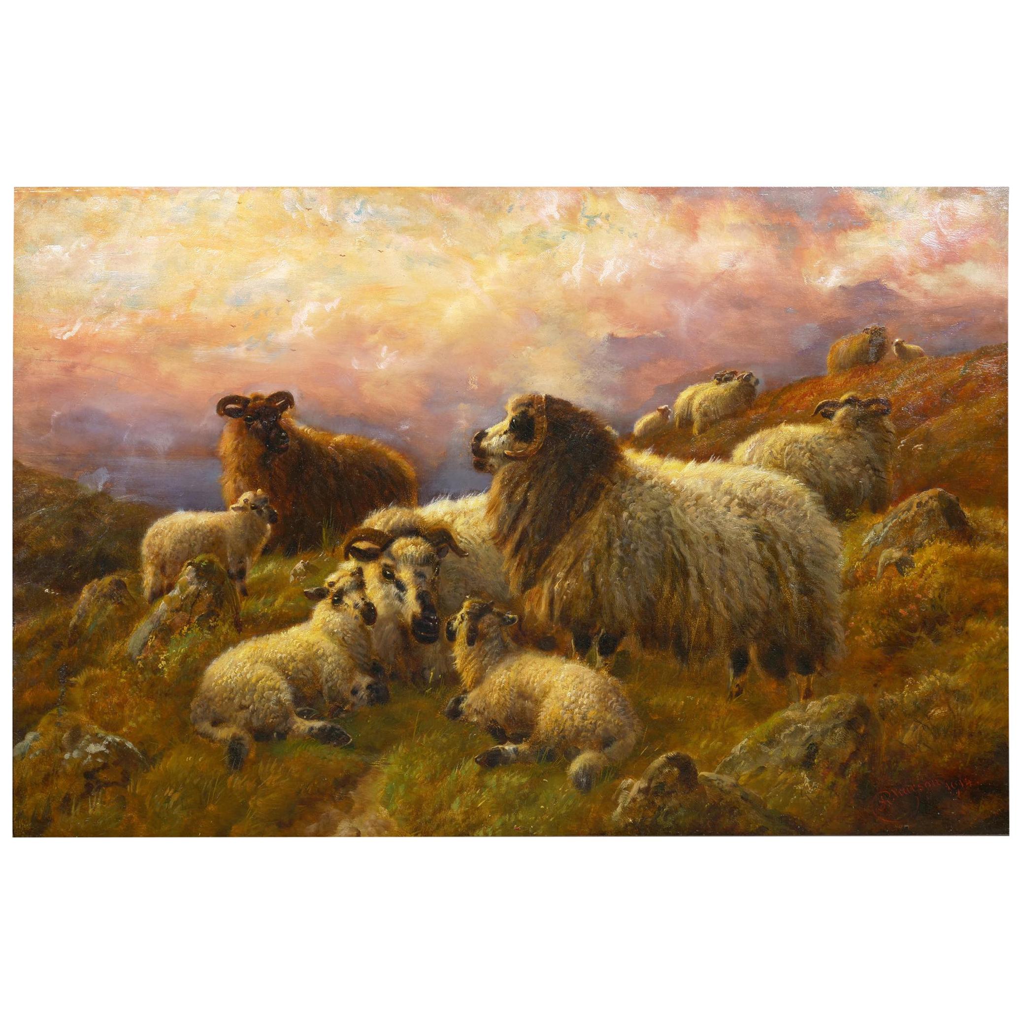 “Sheep at Rest in the Highlands” 
1914
 Antique Oil Painting by Robert Watson