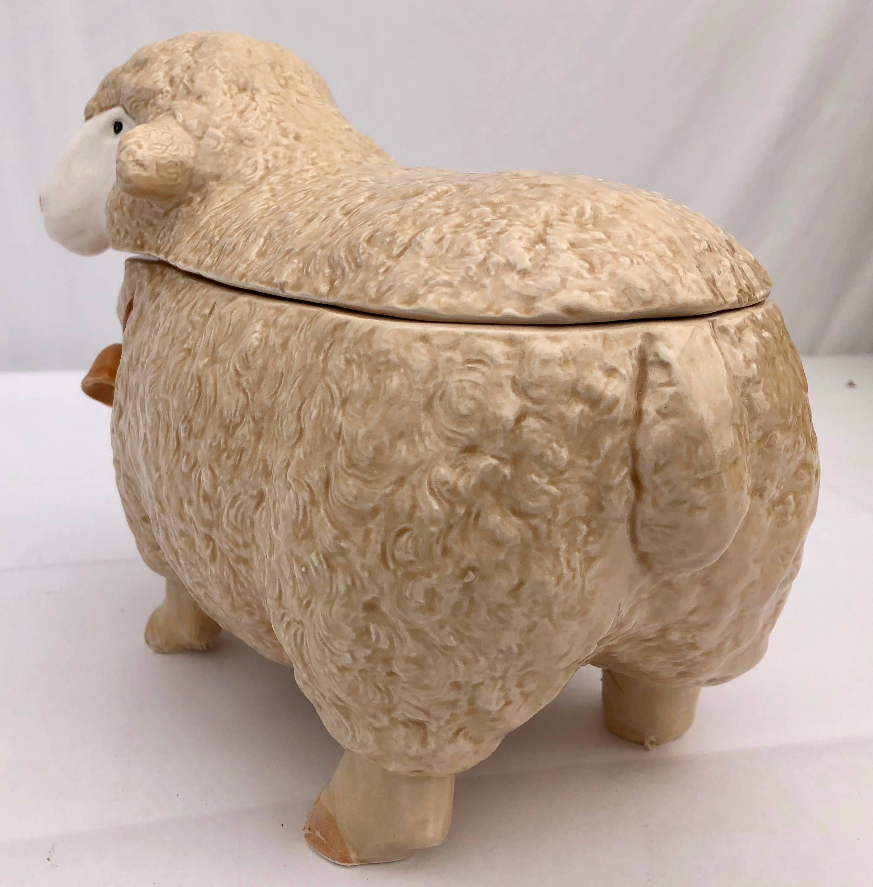 This is a fun handcrafted ceramic sheep cookie jar, by Otagiri, Japan. The details from the face are great. It was purchased for a French restaurant, but never used. It comes in its original box. The hand painted colors are vibrant. This would add a