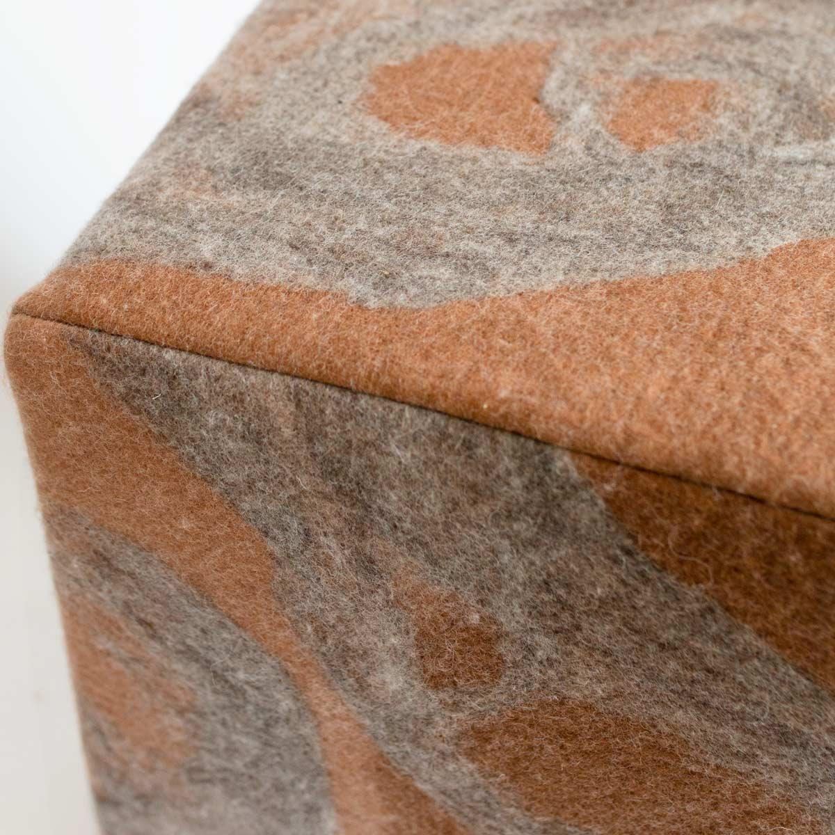 Felted wool fabric made in our workshop, each one one-of-a-kind from our painterly felted wool over a finely upholstered ottoman with wood legs. This is a new color for Fall/Winter on our most popular furnishing item.

The ottoman is manufactured