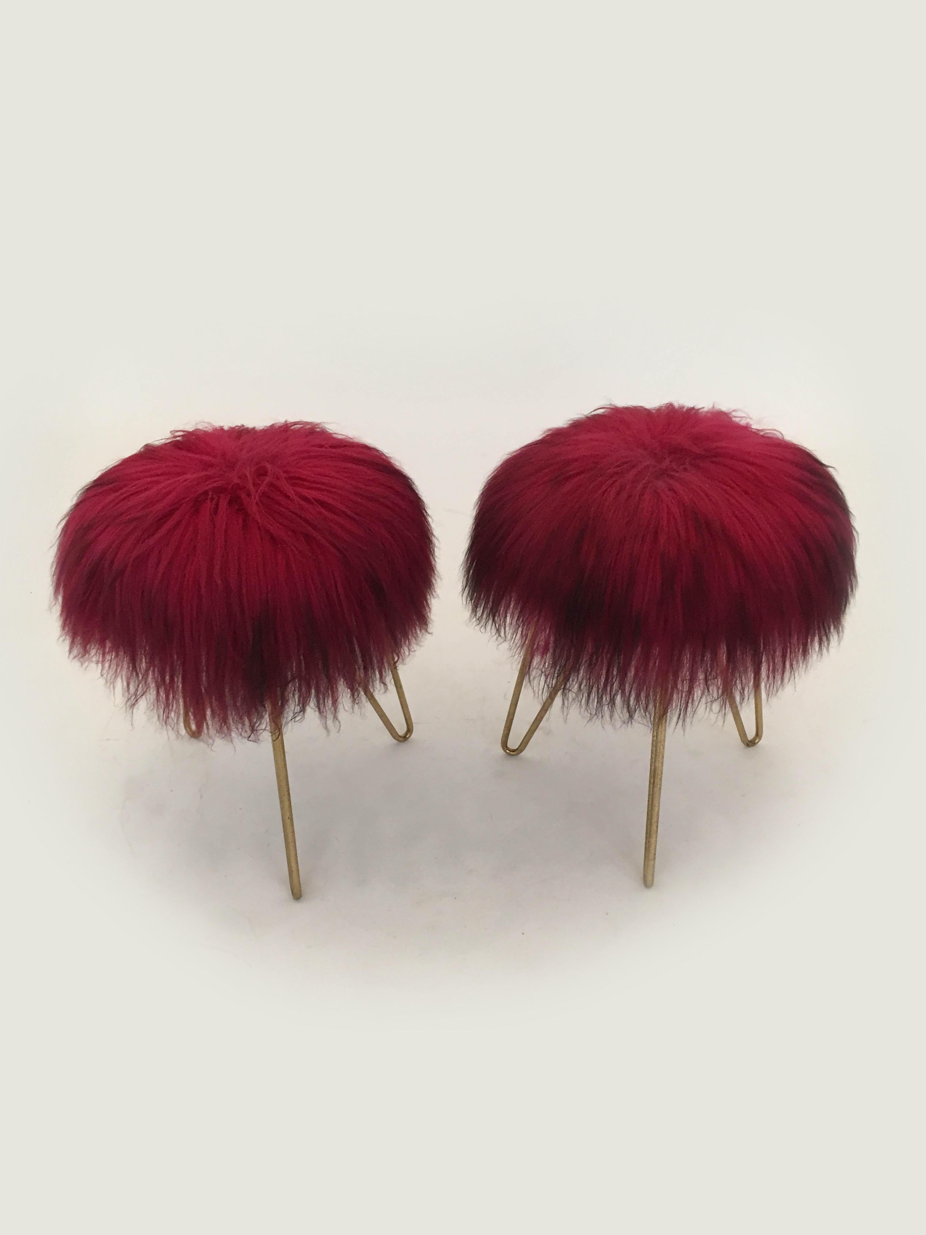 Brass Sheep Fur Stools, France, 1950s For Sale