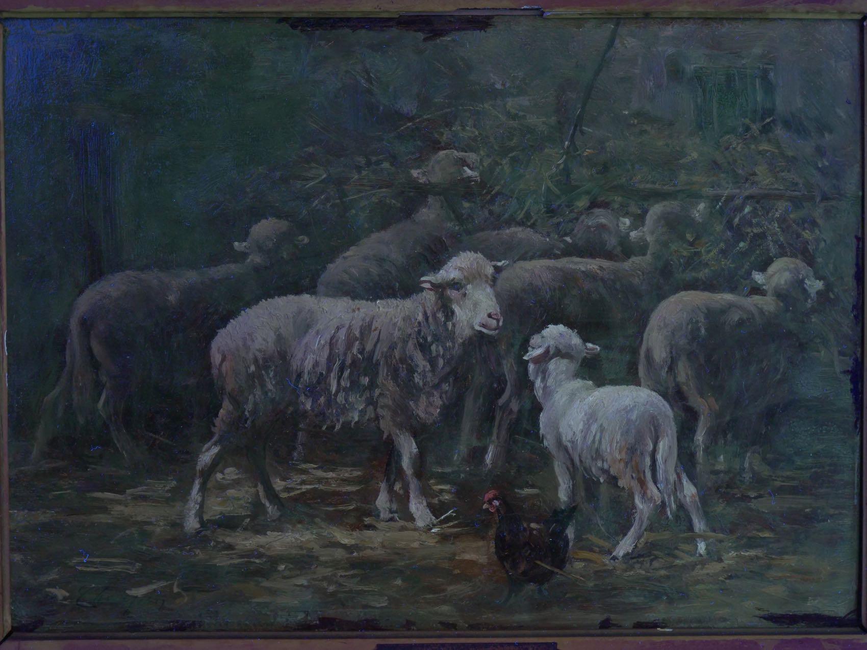 “Sheep in Stable” Antique Barbizon Oil Painting by Albert Charpin 9