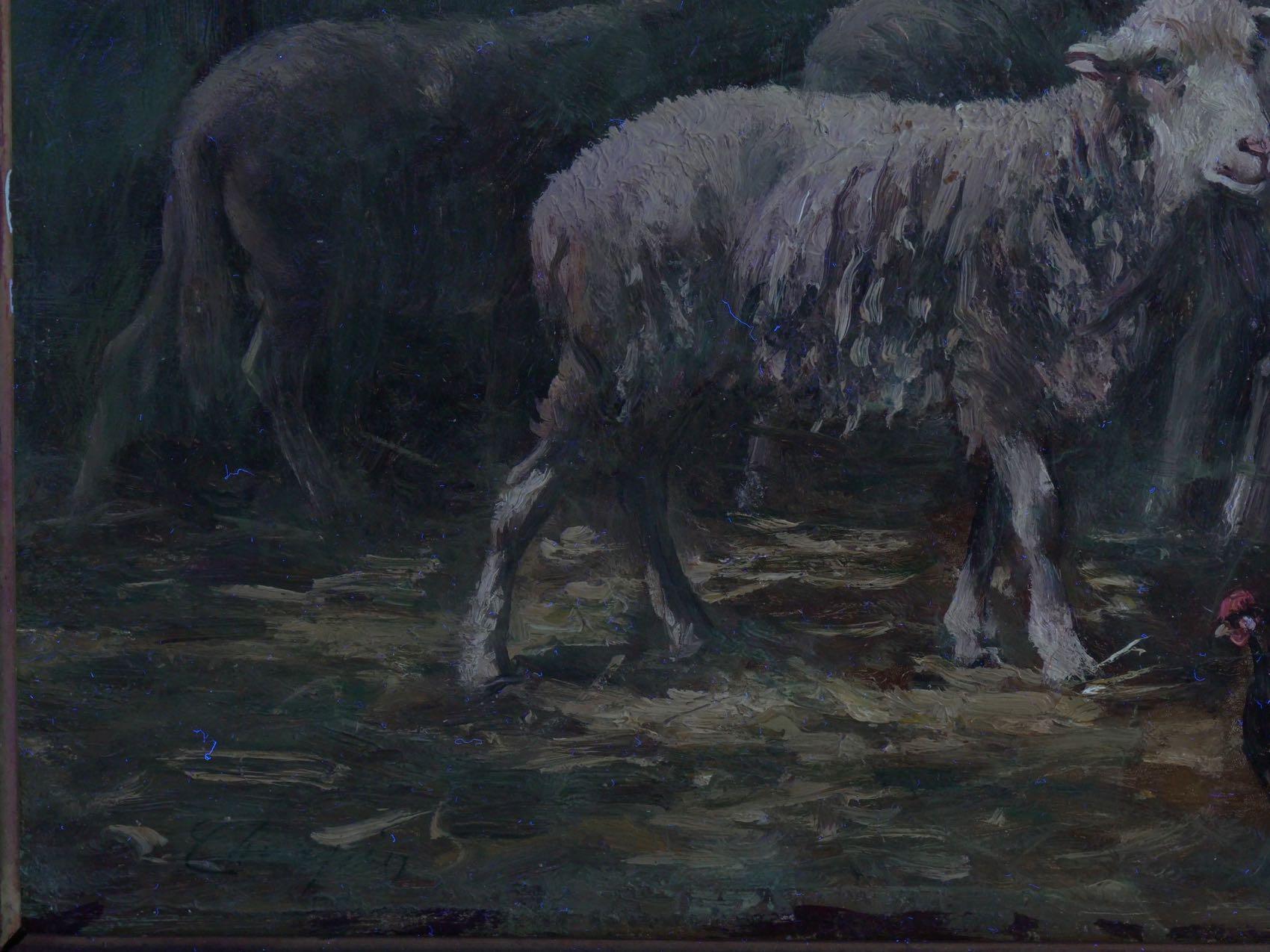 “Sheep in Stable” Antique Barbizon Oil Painting by Albert Charpin 12