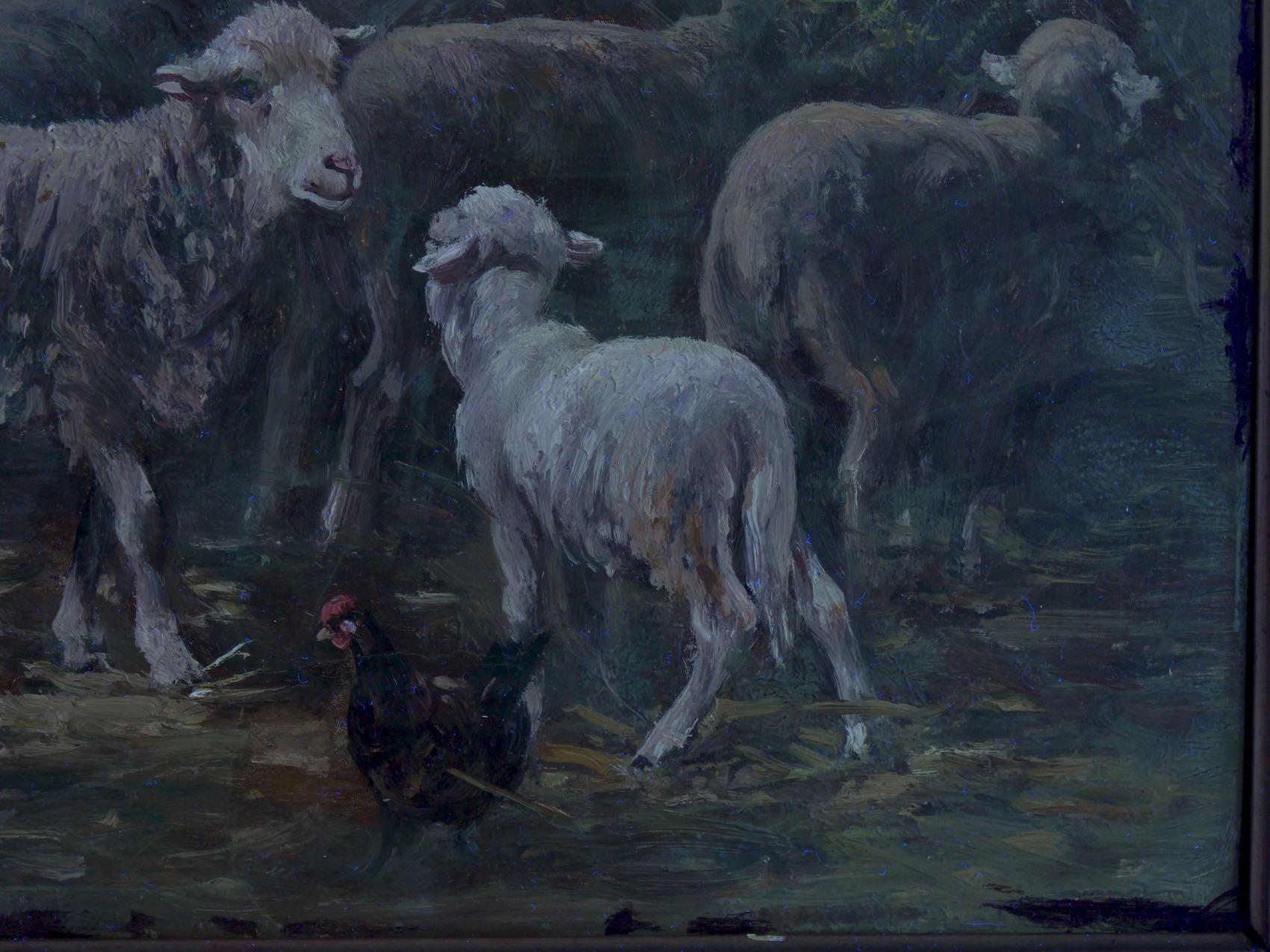 “Sheep in Stable” Antique Barbizon Oil Painting by Albert Charpin 13