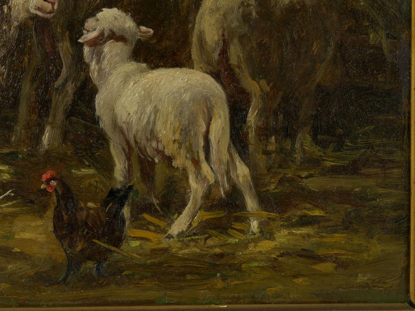 Barbizon School “Sheep in Stable” Antique Barbizon Oil Painting by Albert Charpin