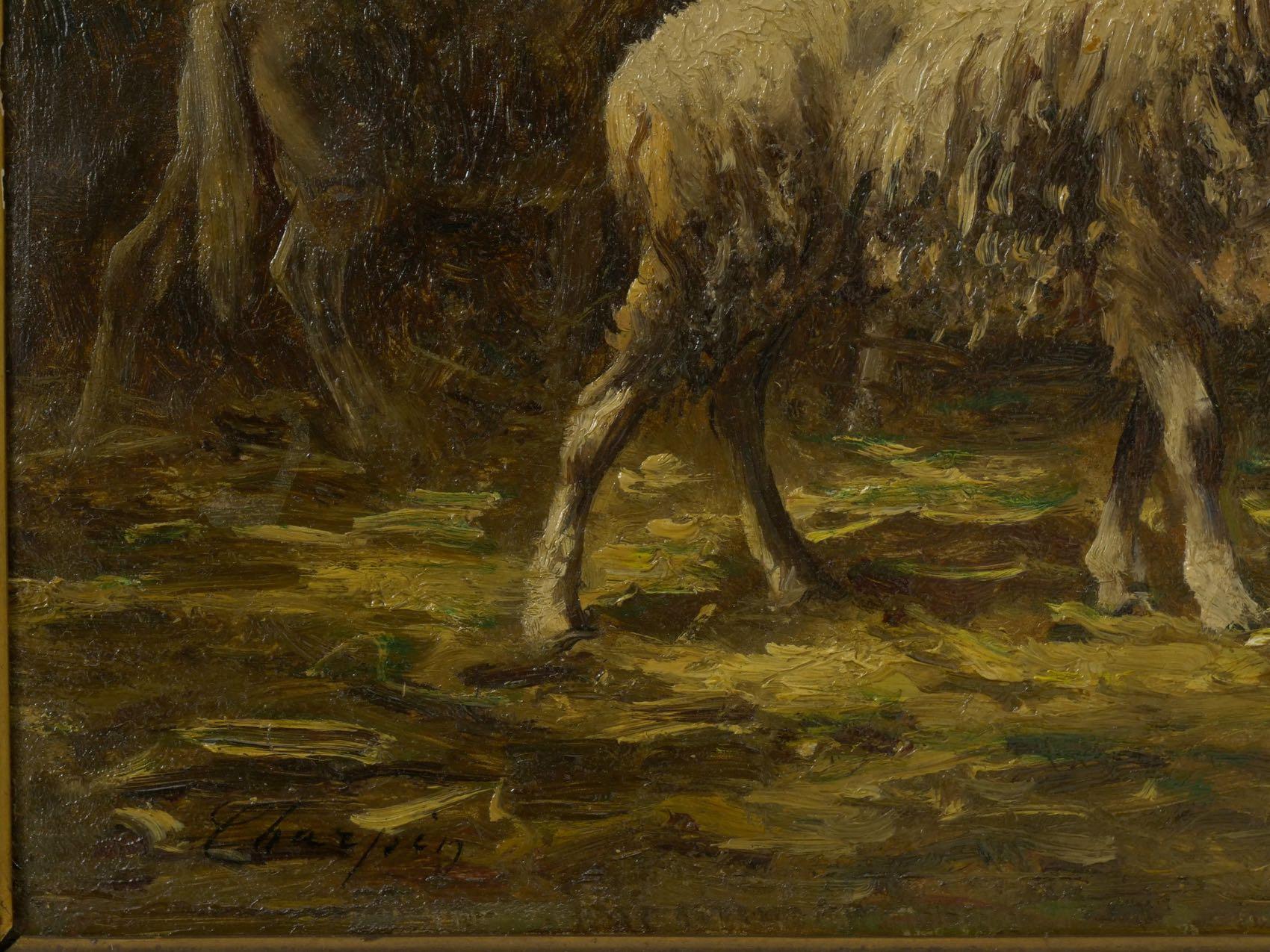 French “Sheep in Stable” Antique Barbizon Oil Painting by Albert Charpin