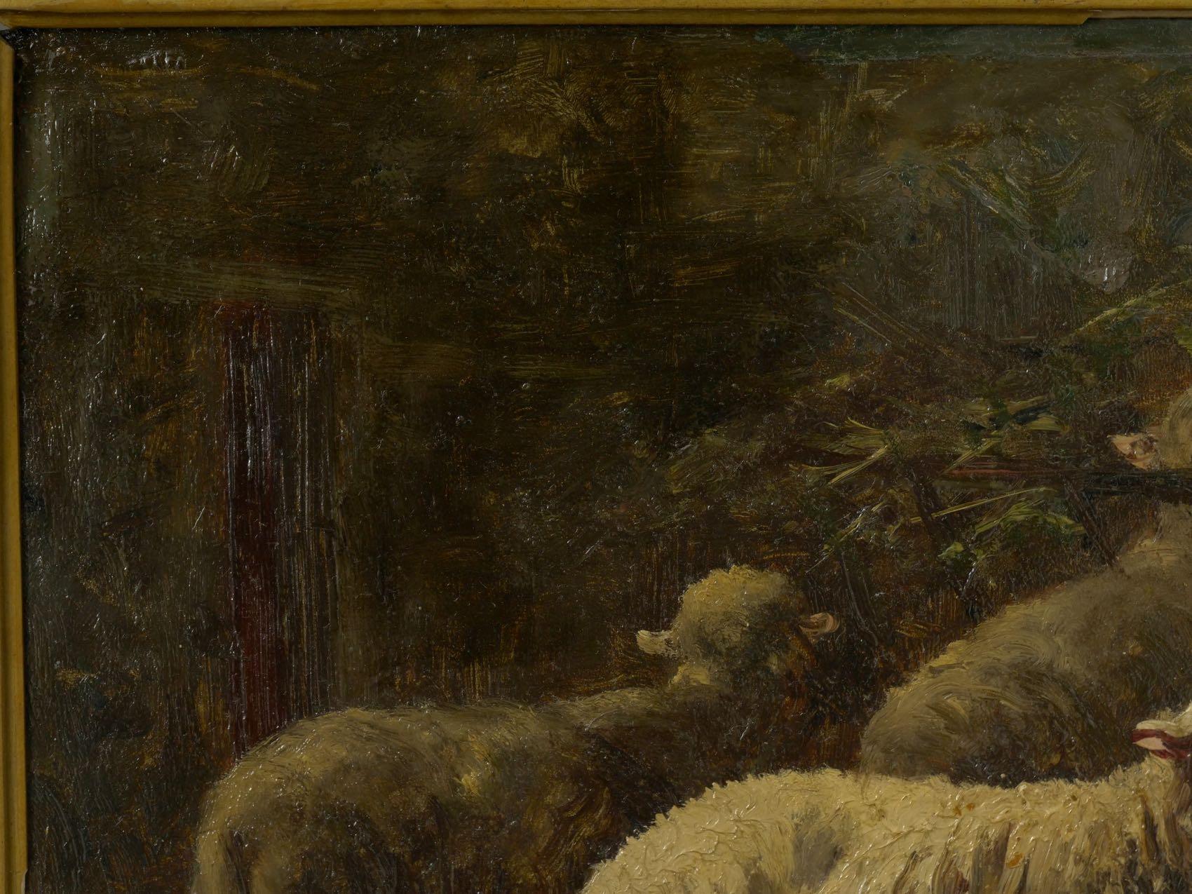 “Sheep in Stable” Antique Barbizon Oil Painting by Albert Charpin In Good Condition In Shippensburg, PA