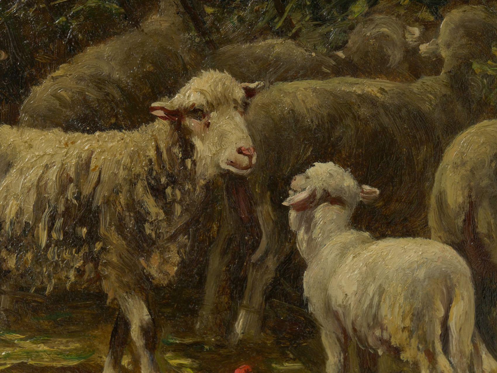 “Sheep in Stable” Antique Barbizon Oil Painting by Albert Charpin 1