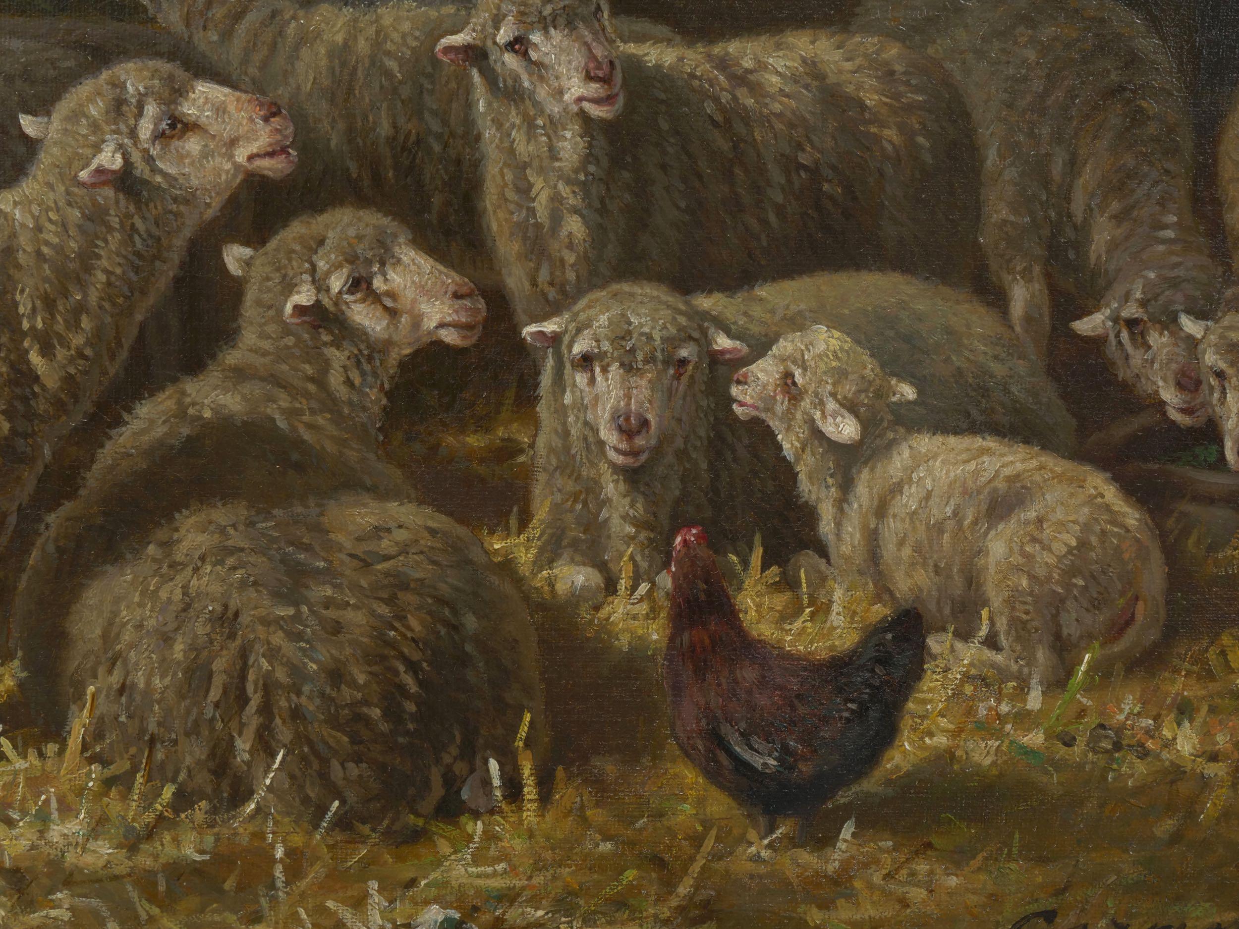 “Sheep Inside a Barn” French Barbizon Painting by Charles-Ferdinand Ceramano 3
