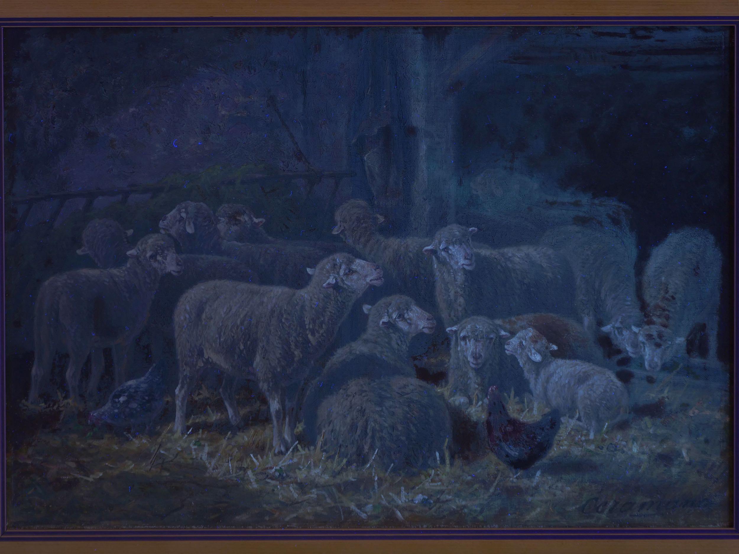 “Sheep Inside a Barn” French Barbizon Painting by Charles-Ferdinand Ceramano 8