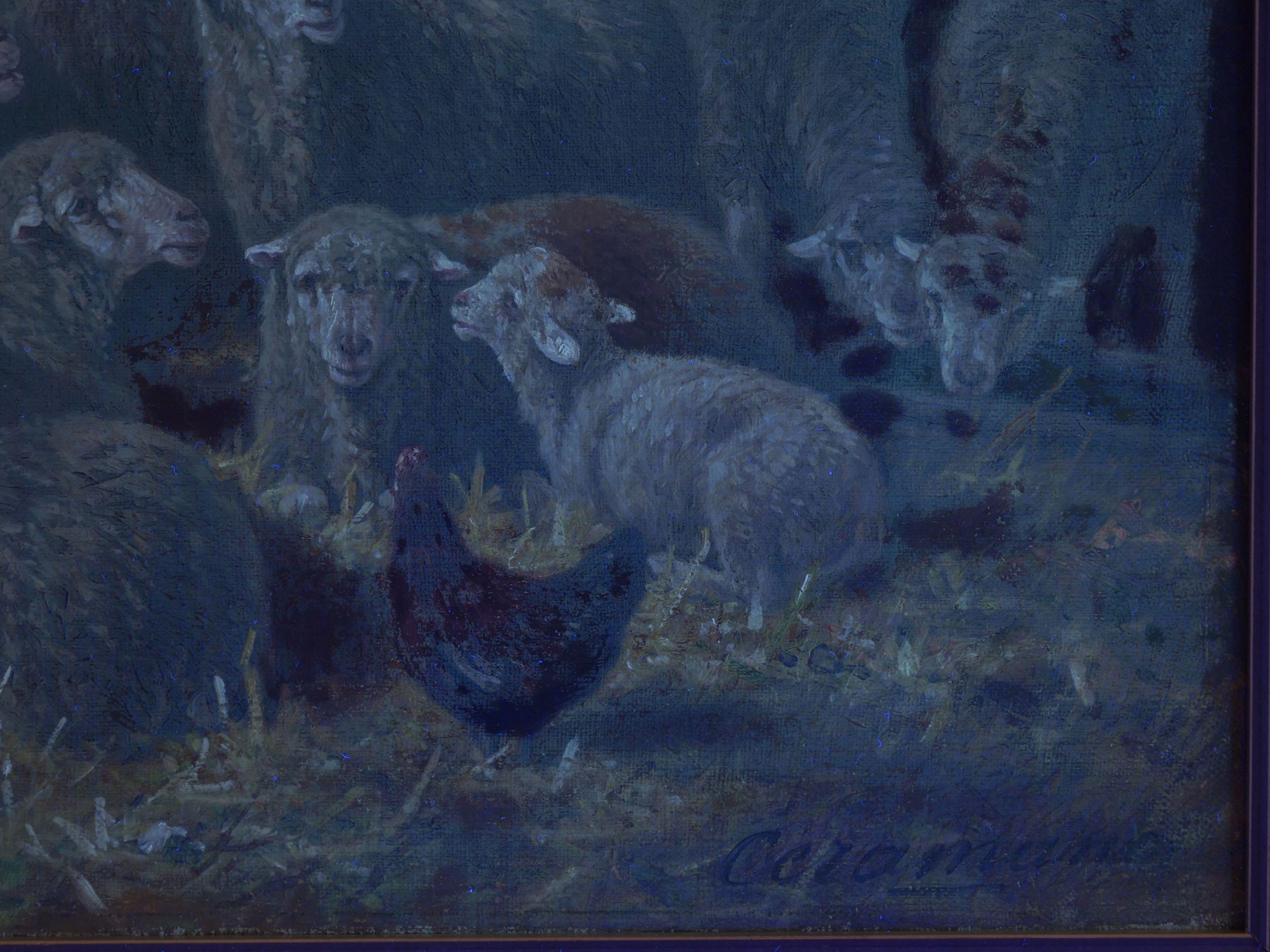“Sheep Inside a Barn” French Barbizon Painting by Charles-Ferdinand Ceramano 9
