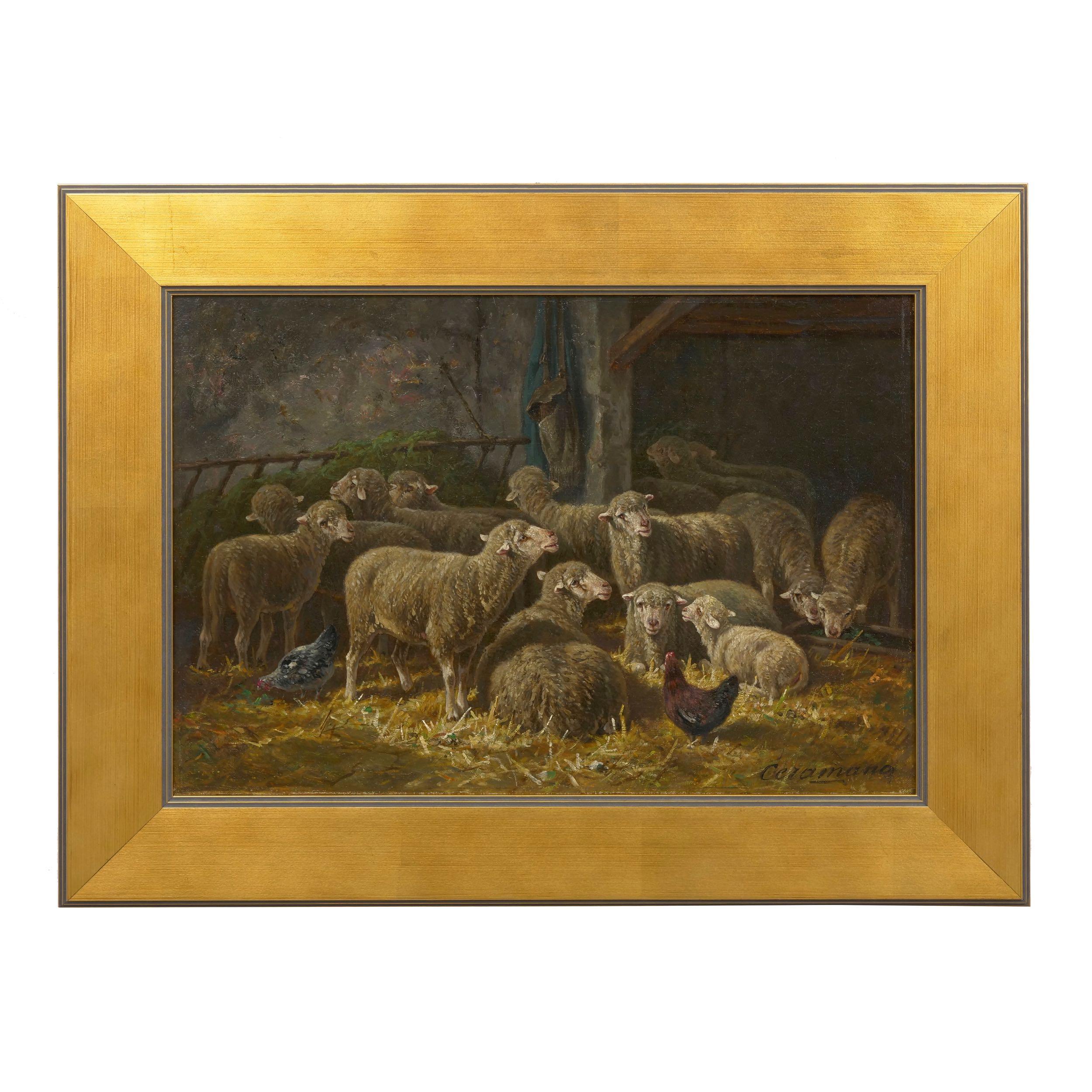 This fine late Barbizon painting of a fold of sheep resting in a barn is notable for its exquisite detail and complex arrangement. In total we have fifteen sheep gathered together with two chickens pecking at their feet as they relax in the warmth