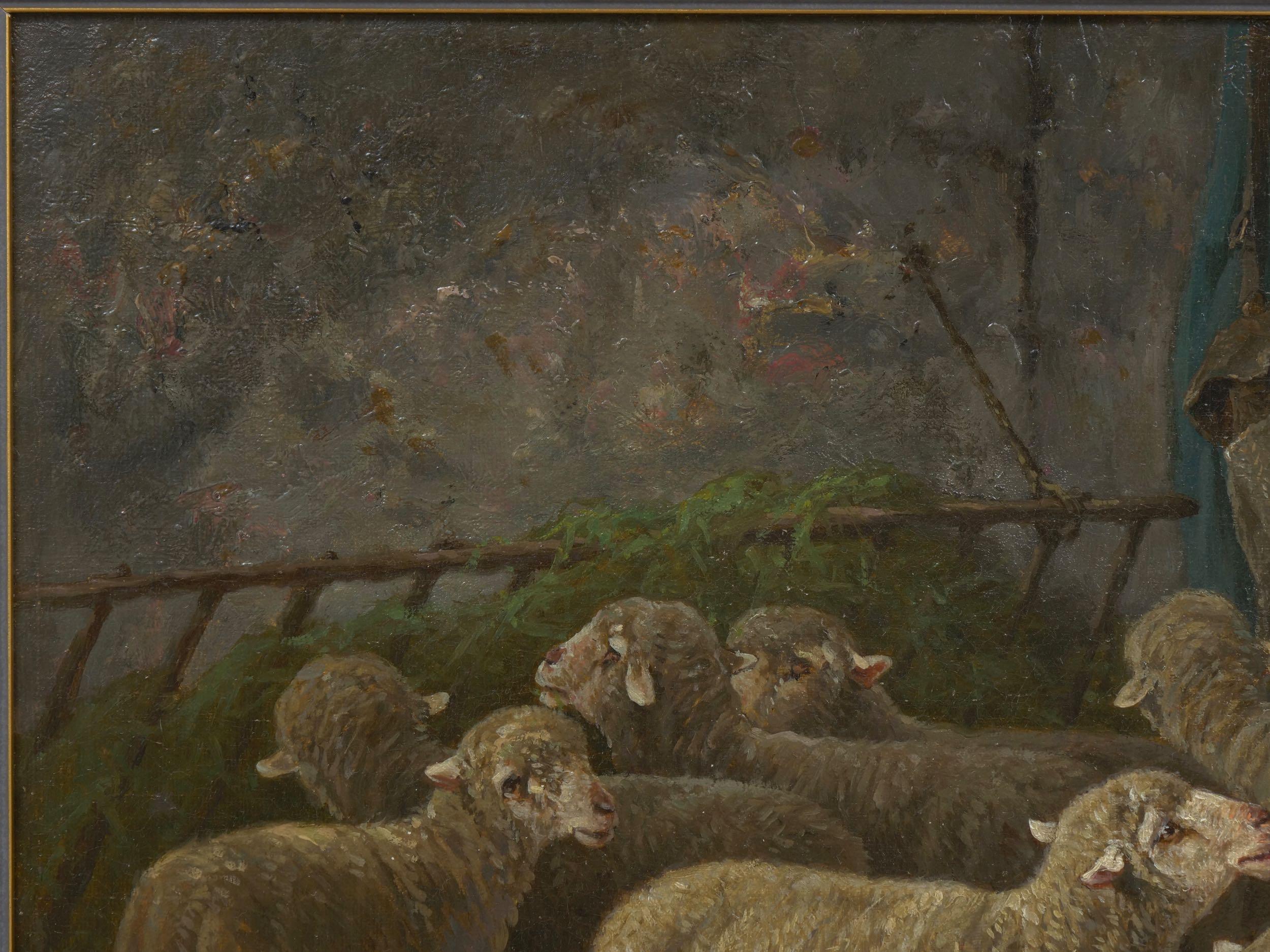 Barbizon School “Sheep Inside a Barn” French Barbizon Painting by Charles-Ferdinand Ceramano