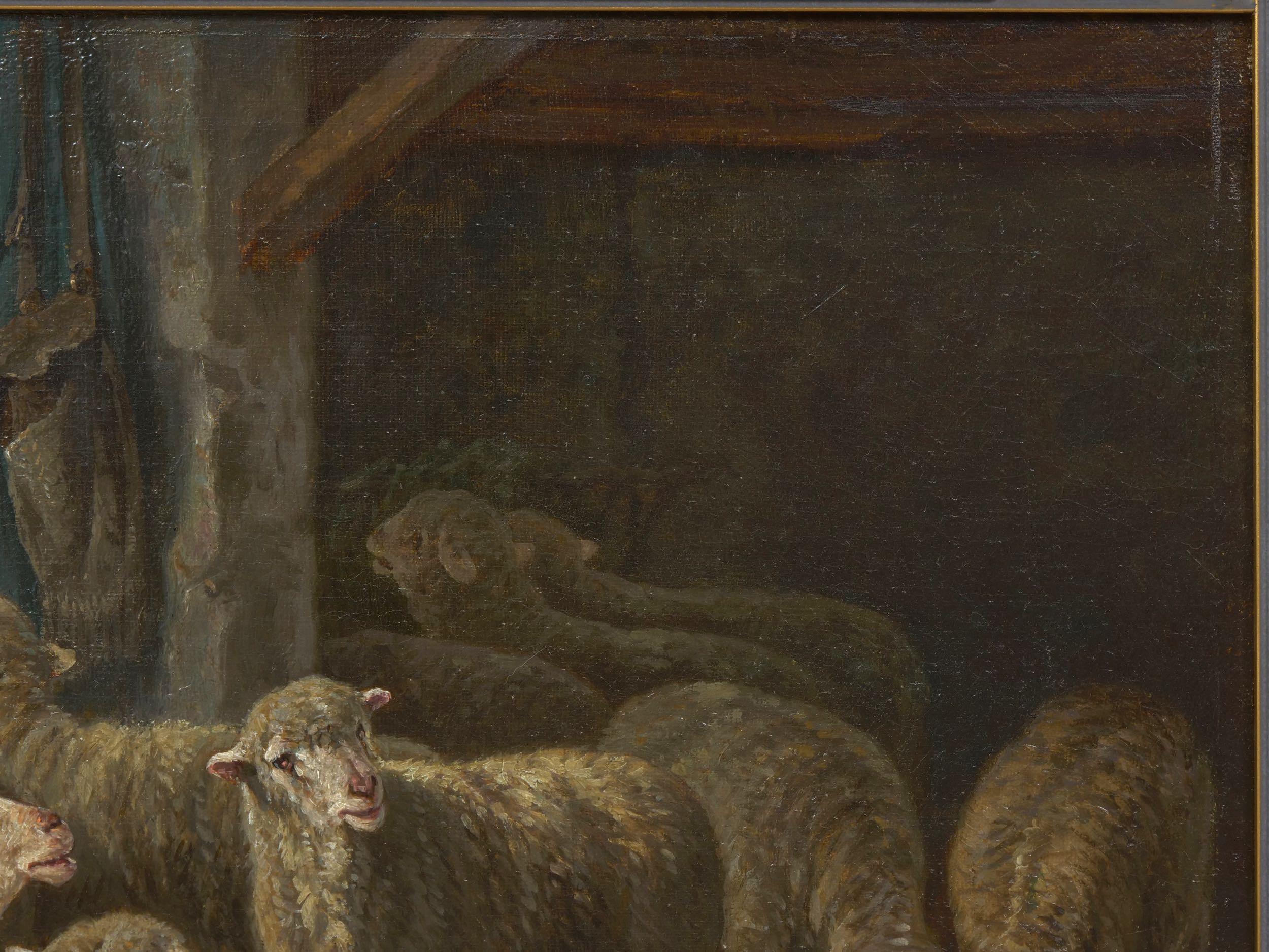 Belgian “Sheep Inside a Barn” French Barbizon Painting by Charles-Ferdinand Ceramano