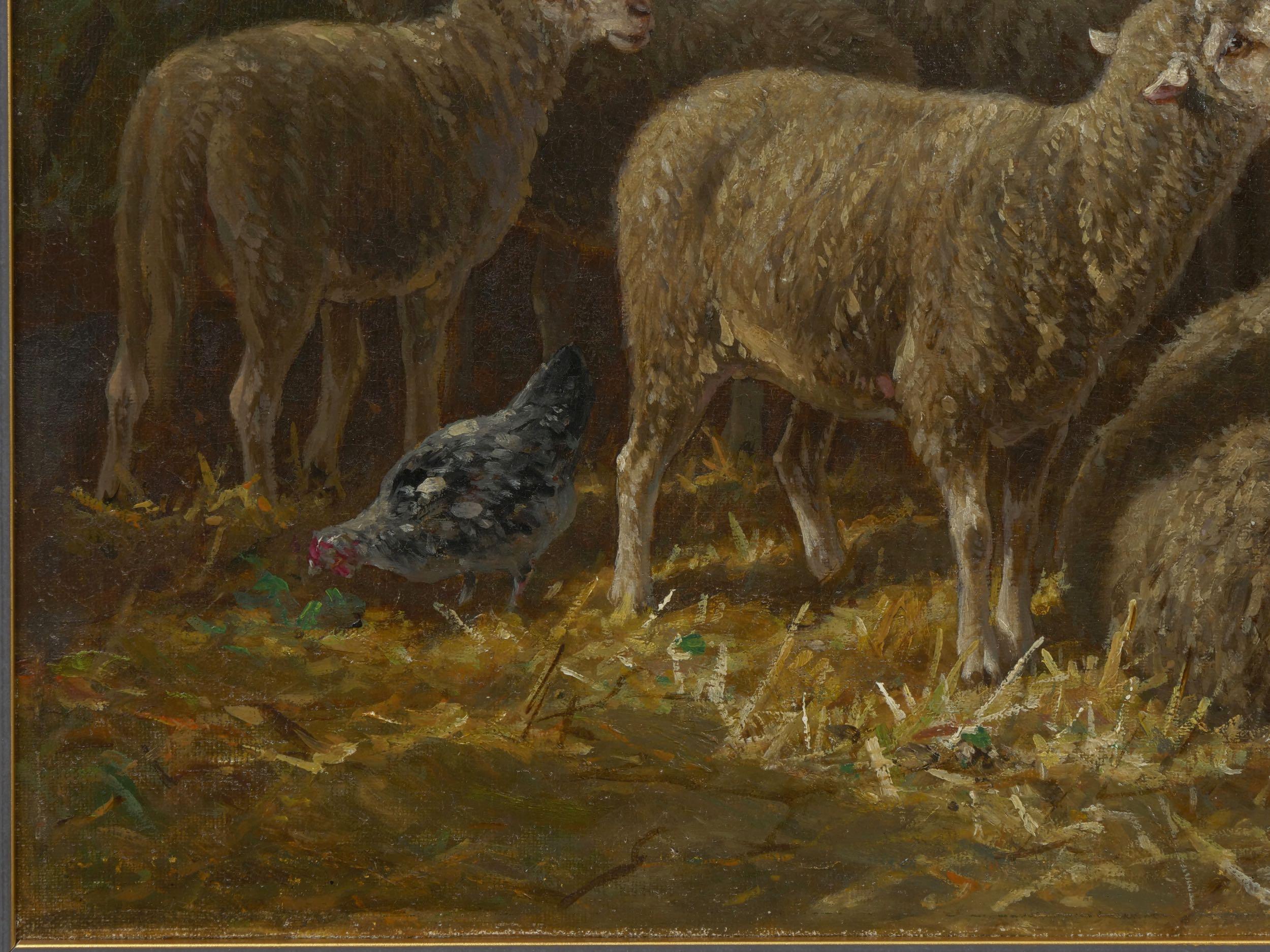 Oiled “Sheep Inside a Barn” French Barbizon Painting by Charles-Ferdinand Ceramano