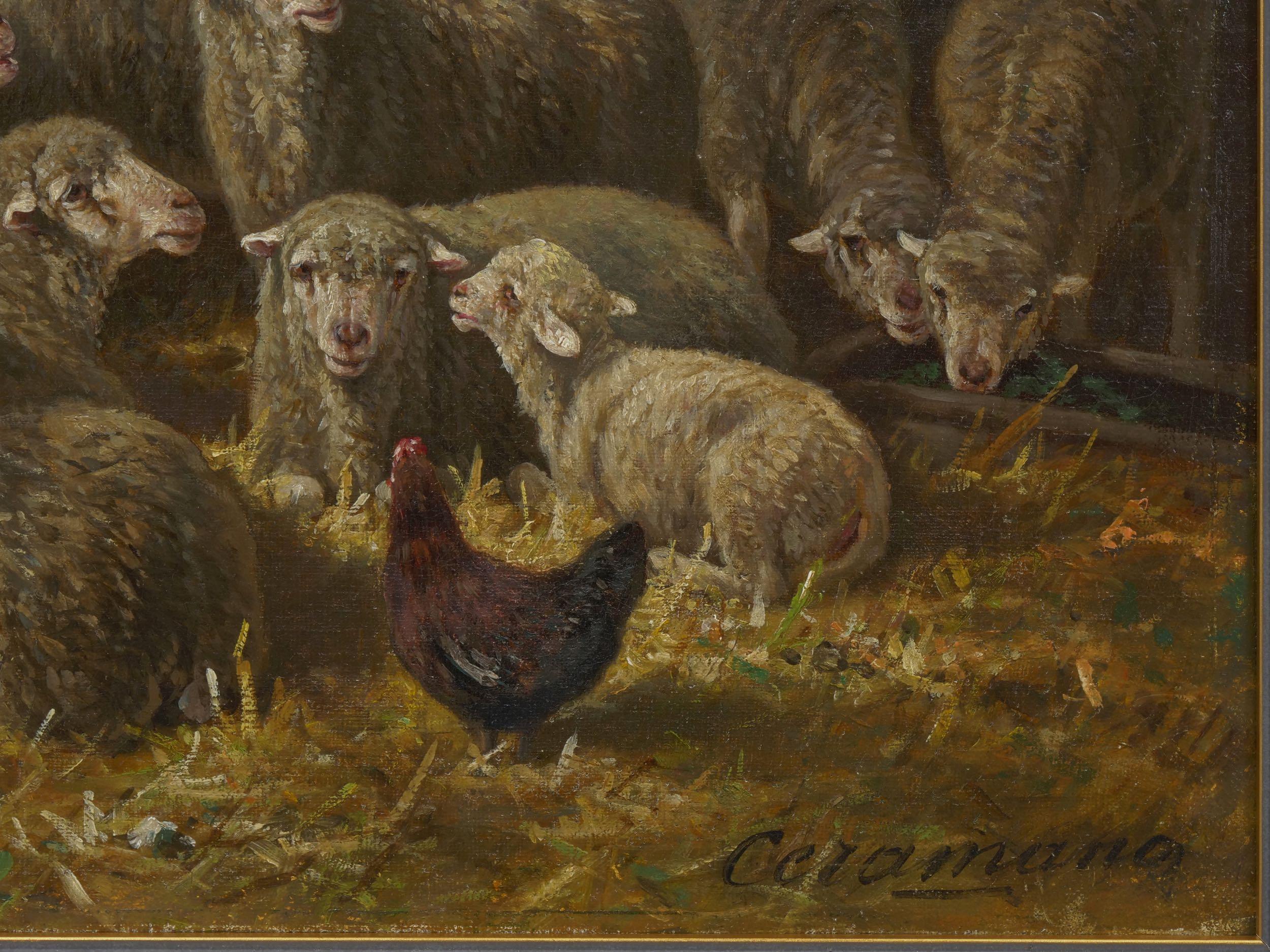 “Sheep Inside a Barn” French Barbizon Painting by Charles-Ferdinand Ceramano In Good Condition In Shippensburg, PA