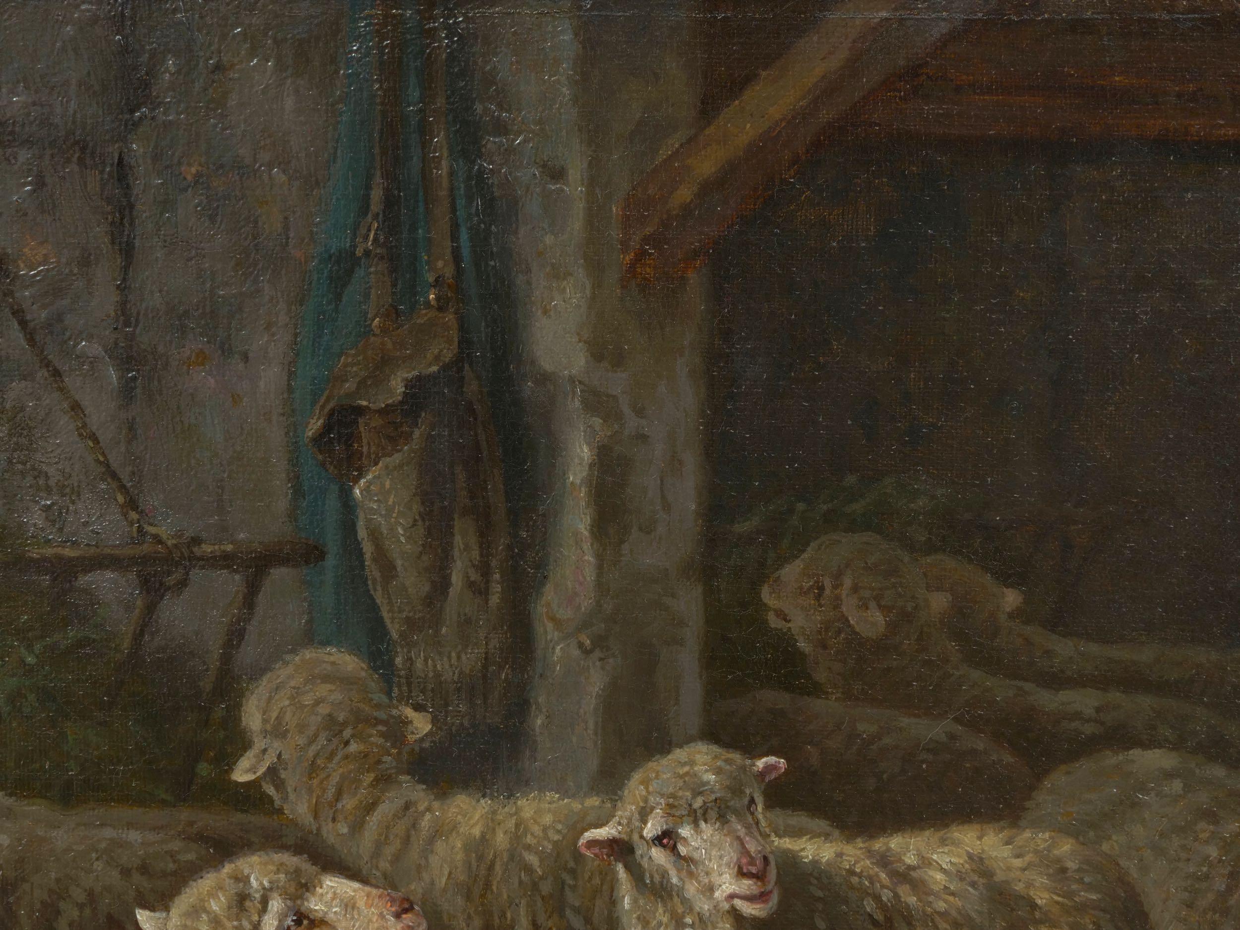 19th Century “Sheep Inside a Barn” French Barbizon Painting by Charles-Ferdinand Ceramano