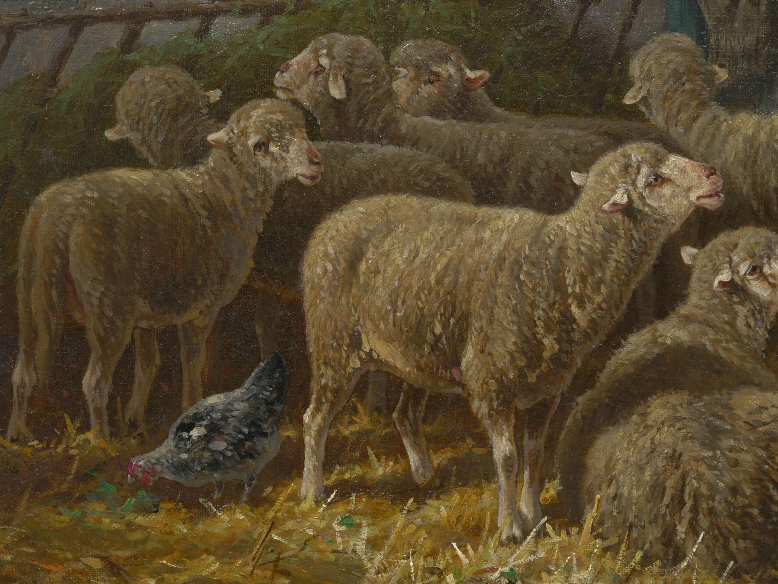 “Sheep Inside a Barn” French Barbizon Painting by Charles-Ferdinand Ceramano 1
