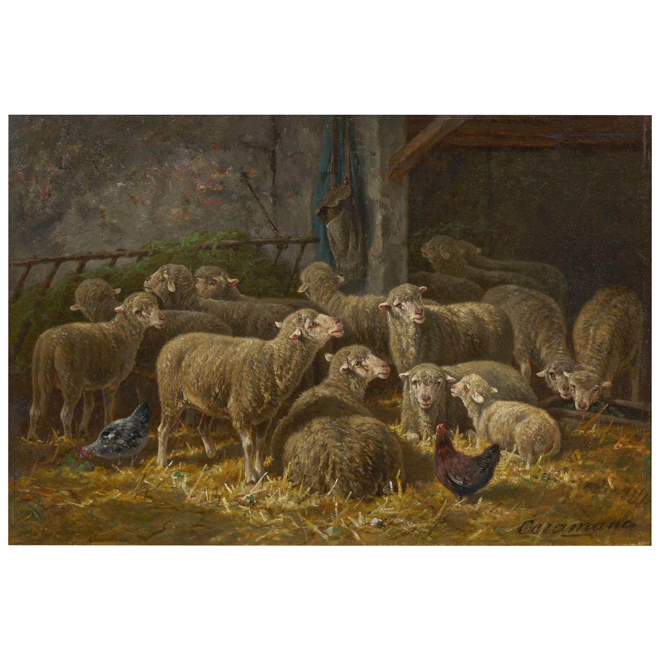 “Sheep Inside a Barn” French Barbizon Painting by Charles-Ferdinand Ceramano
