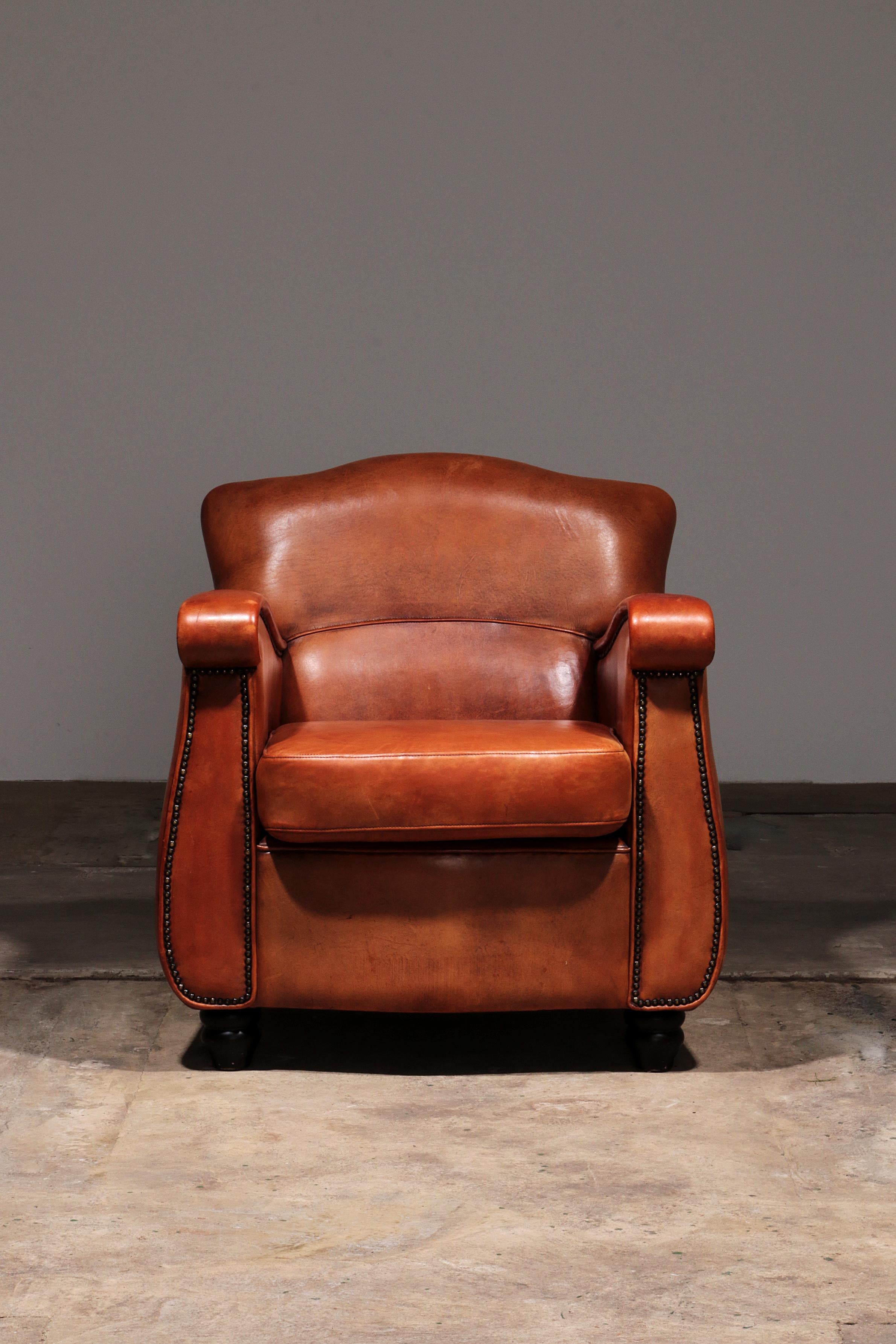 Mid-Century Modern Fauteuil en cuir de mouton design néerlandais fait à la main 1970 - Marque Joris en vente