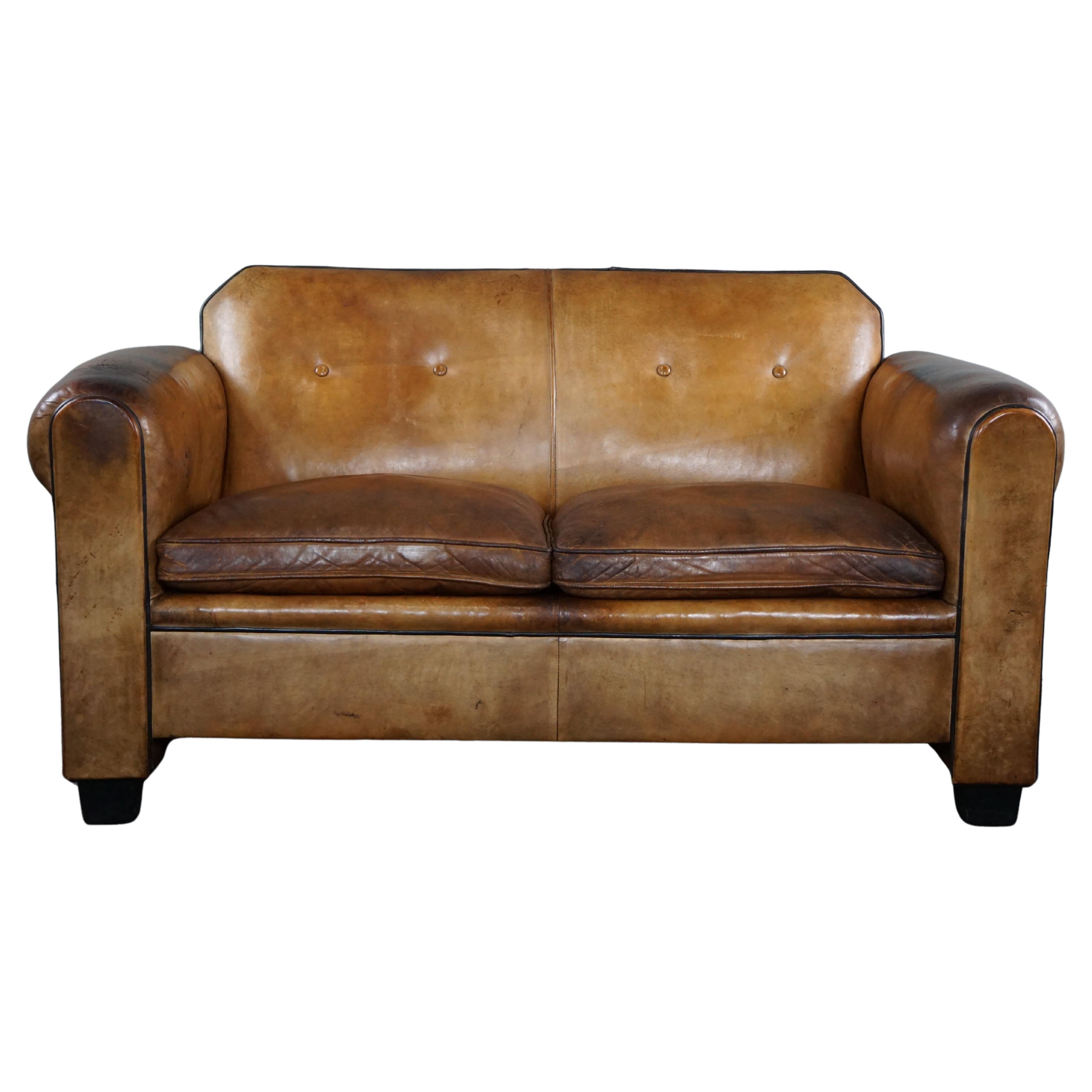 Sheep leather Art Deco sofa designed by Bart Van Bekhoven, spacious 2 seater For Sale