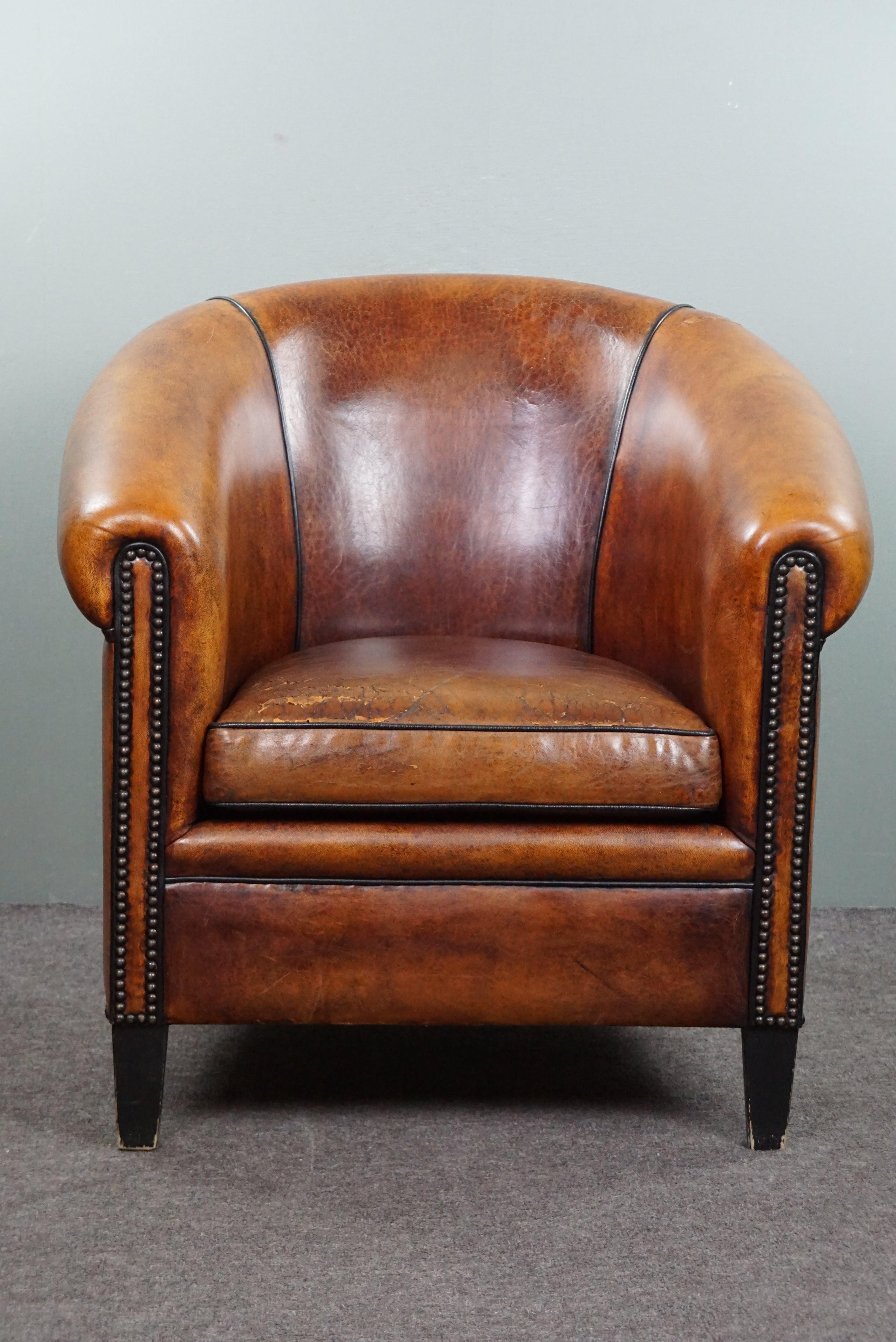 Sheep Leather Club Armchair In Distressed Condition For Sale In Harderwijk, NL
