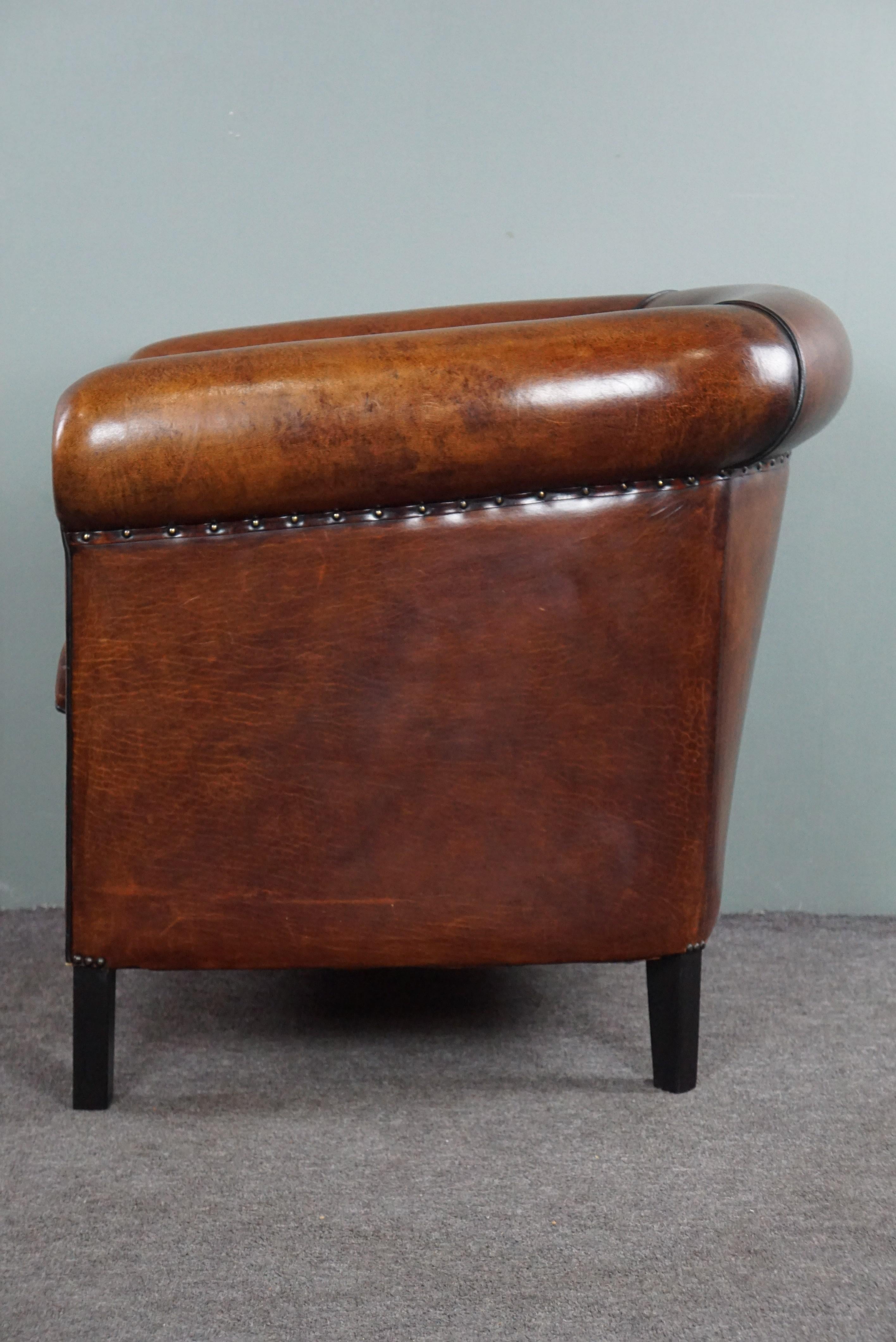Sheep leather club chair with black piping and decorative nails In Good Condition For Sale In Harderwijk, NL