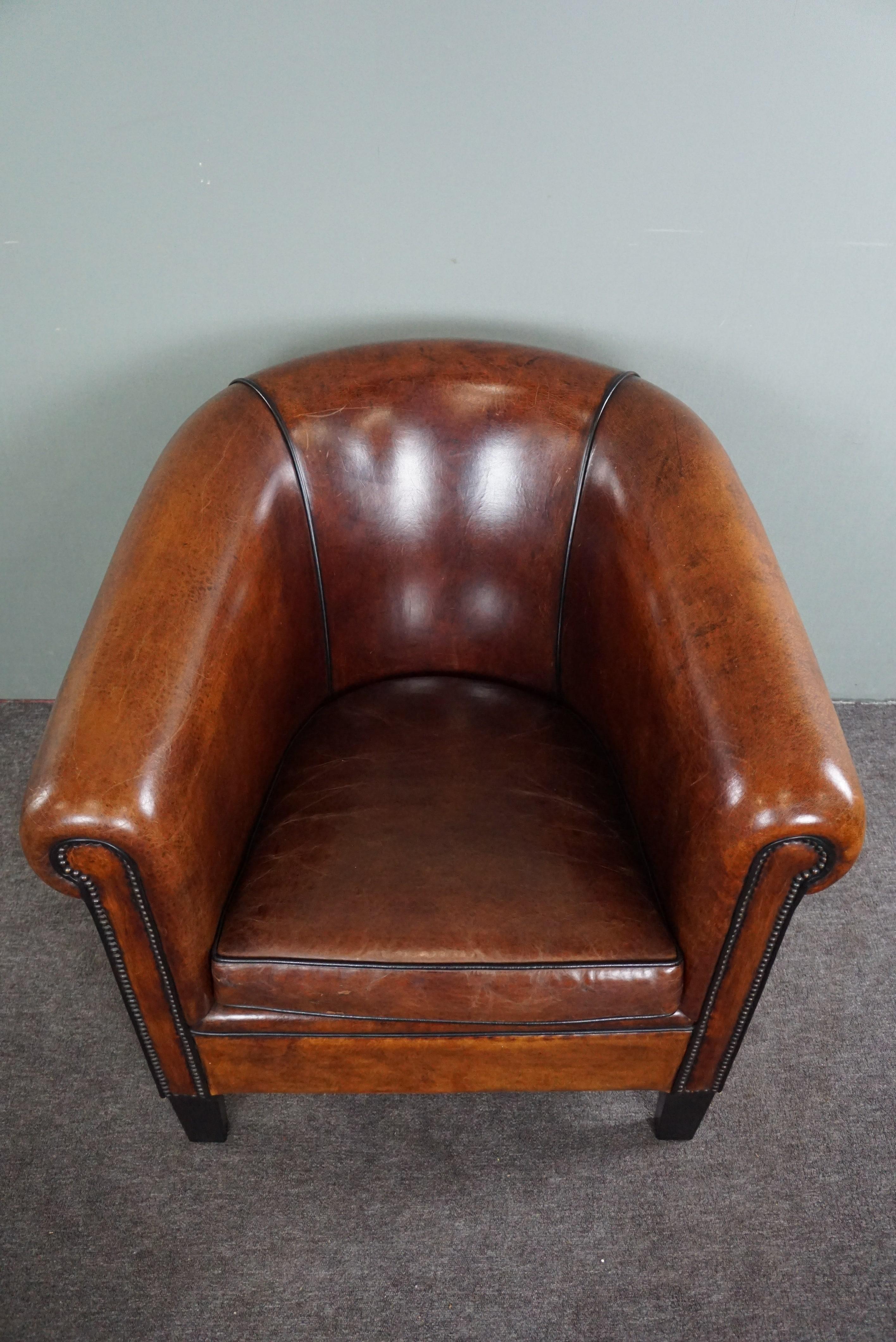 Contemporary Sheep leather club chair with black piping and decorative nails For Sale