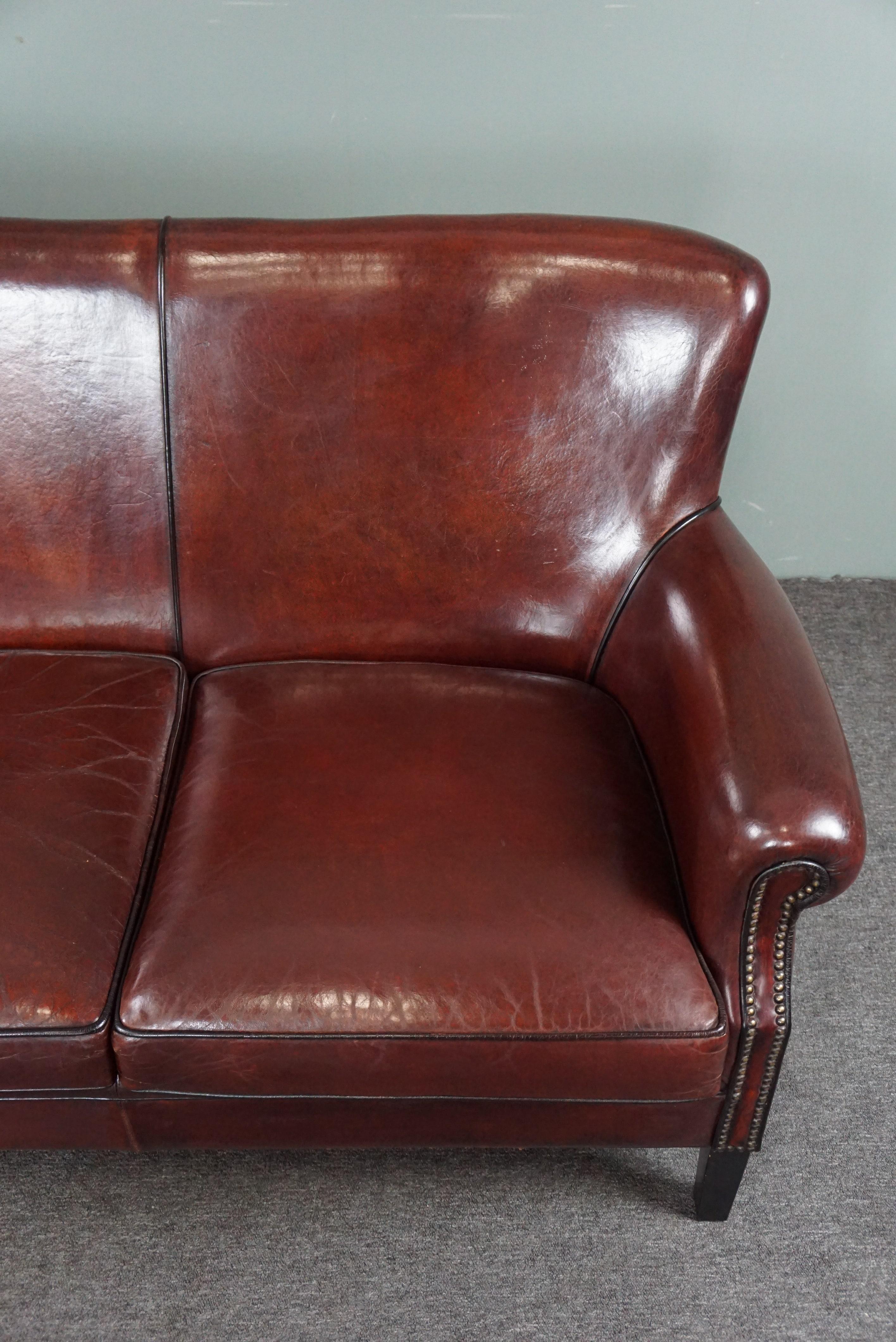 Leather Sheep leather sofa finished with black piping, 3 seater For Sale