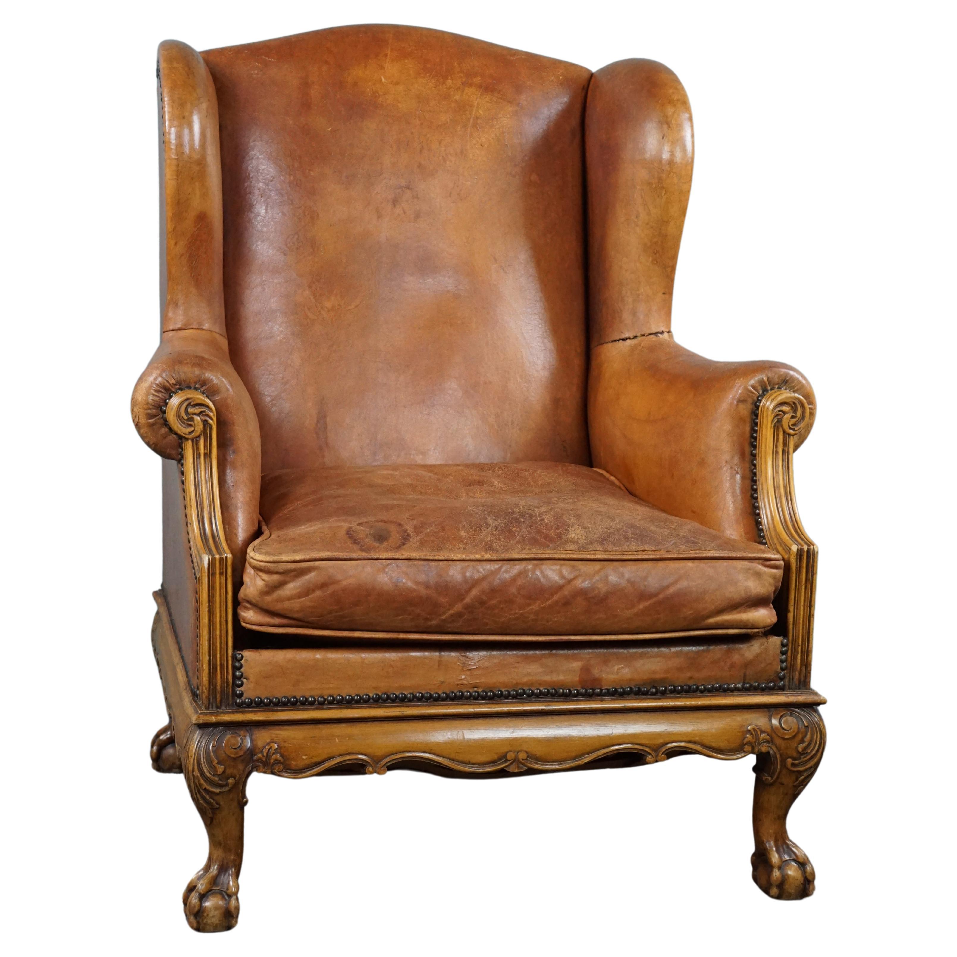 Sheep leather wing chair For Sale