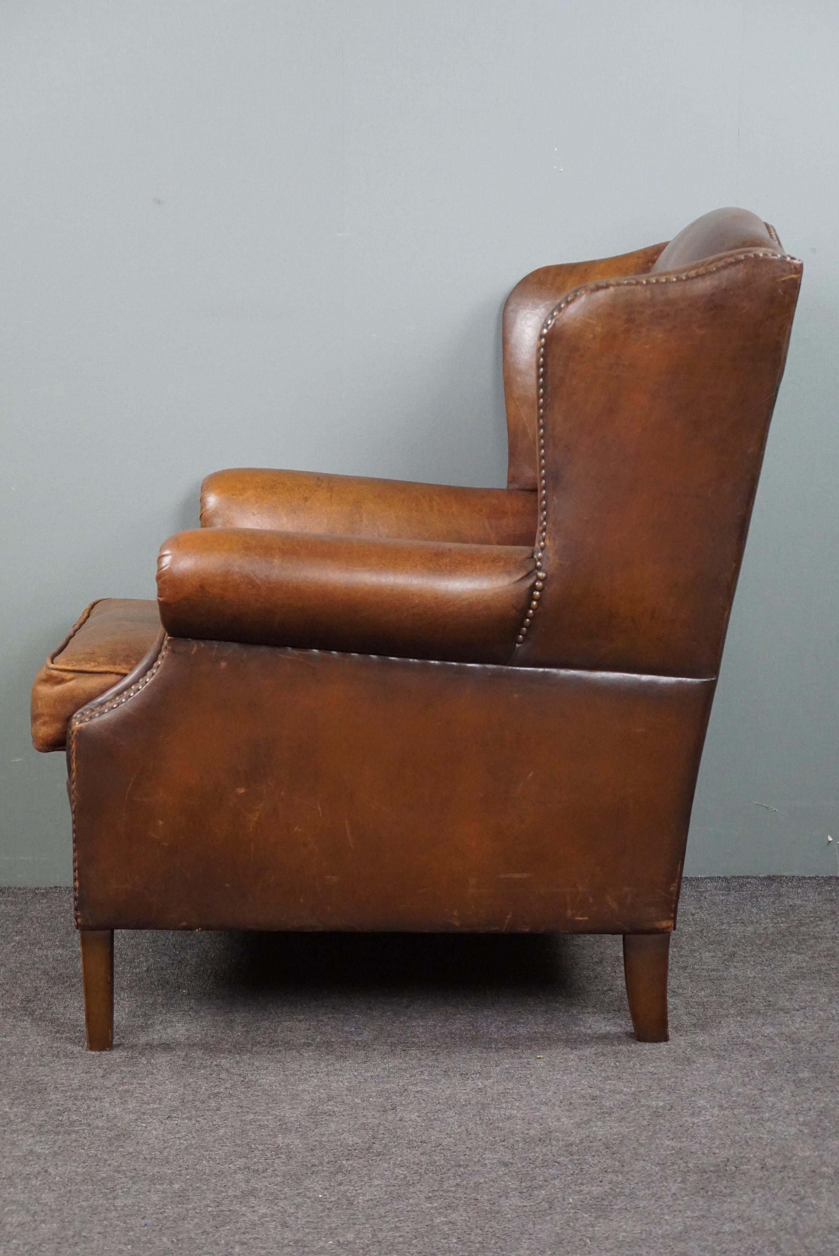 Contemporary Sheep Leather Wing Chair with Character For Sale
