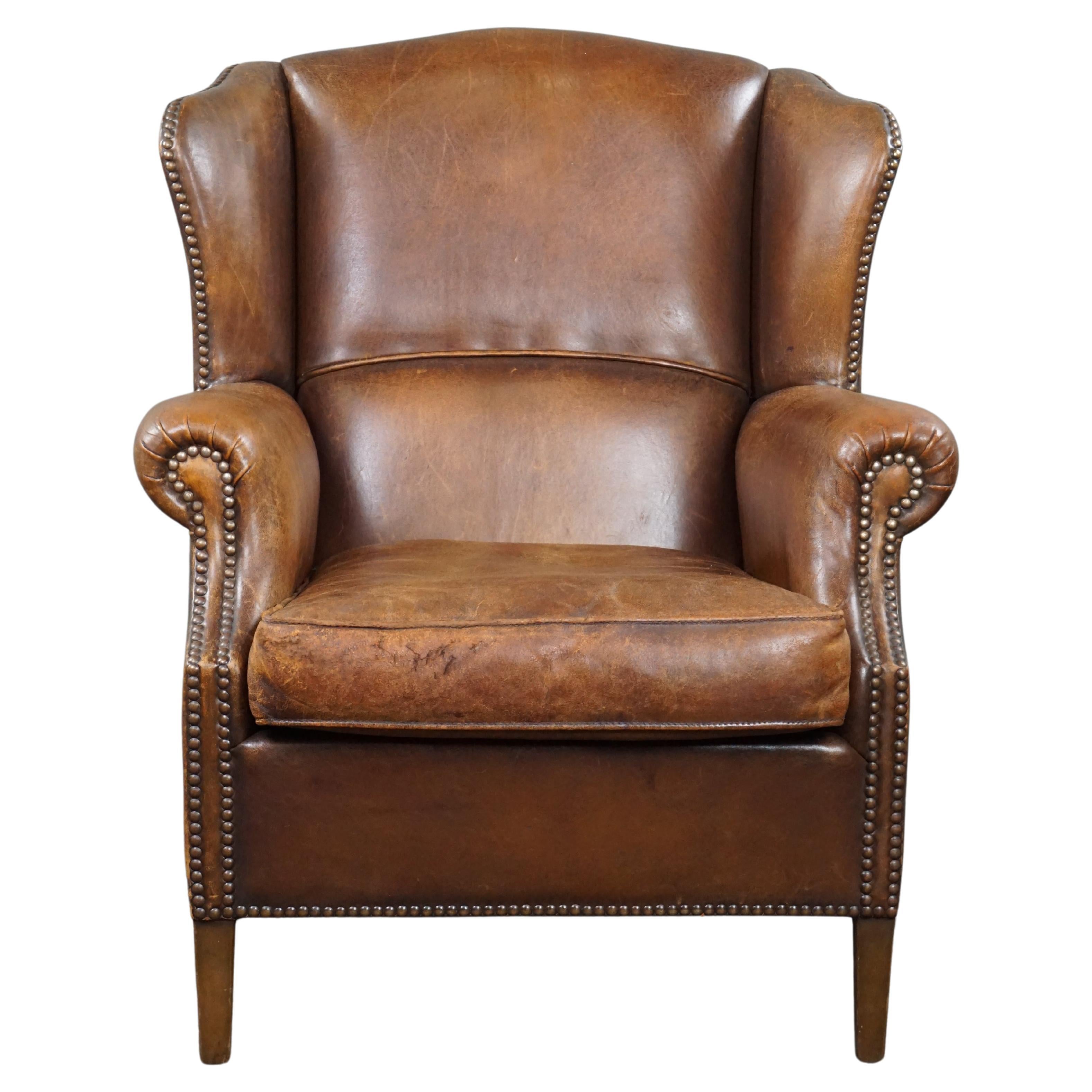 Sheep Leather Wing Chair with Character For Sale