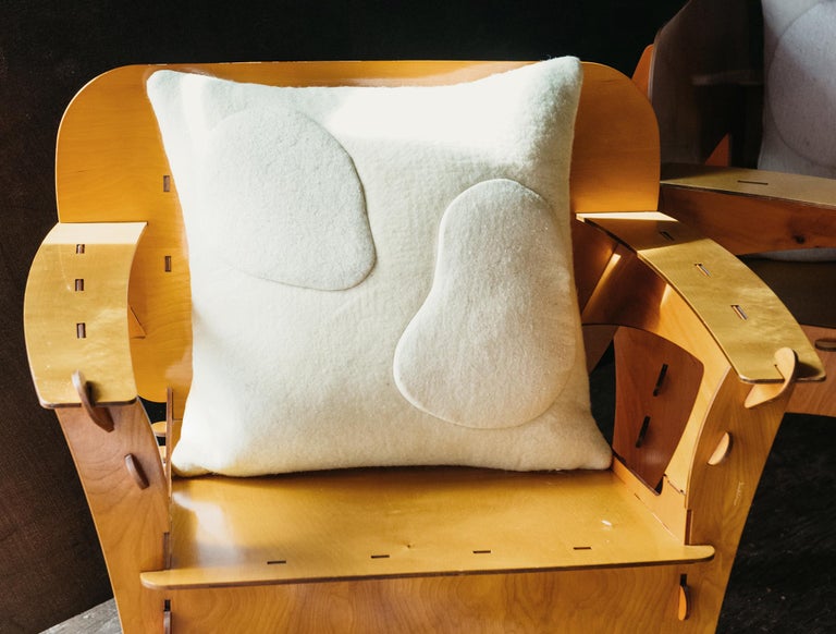 Sheep Pillow designed by Studio Ahead in a collaboration with JG SWITZER. 

Textured like stones smoothed by water the felted wool fabric is a mix of local fleeces and silk/wool blends. Fabric designed in collaboration JG SWITZER using a felted,
