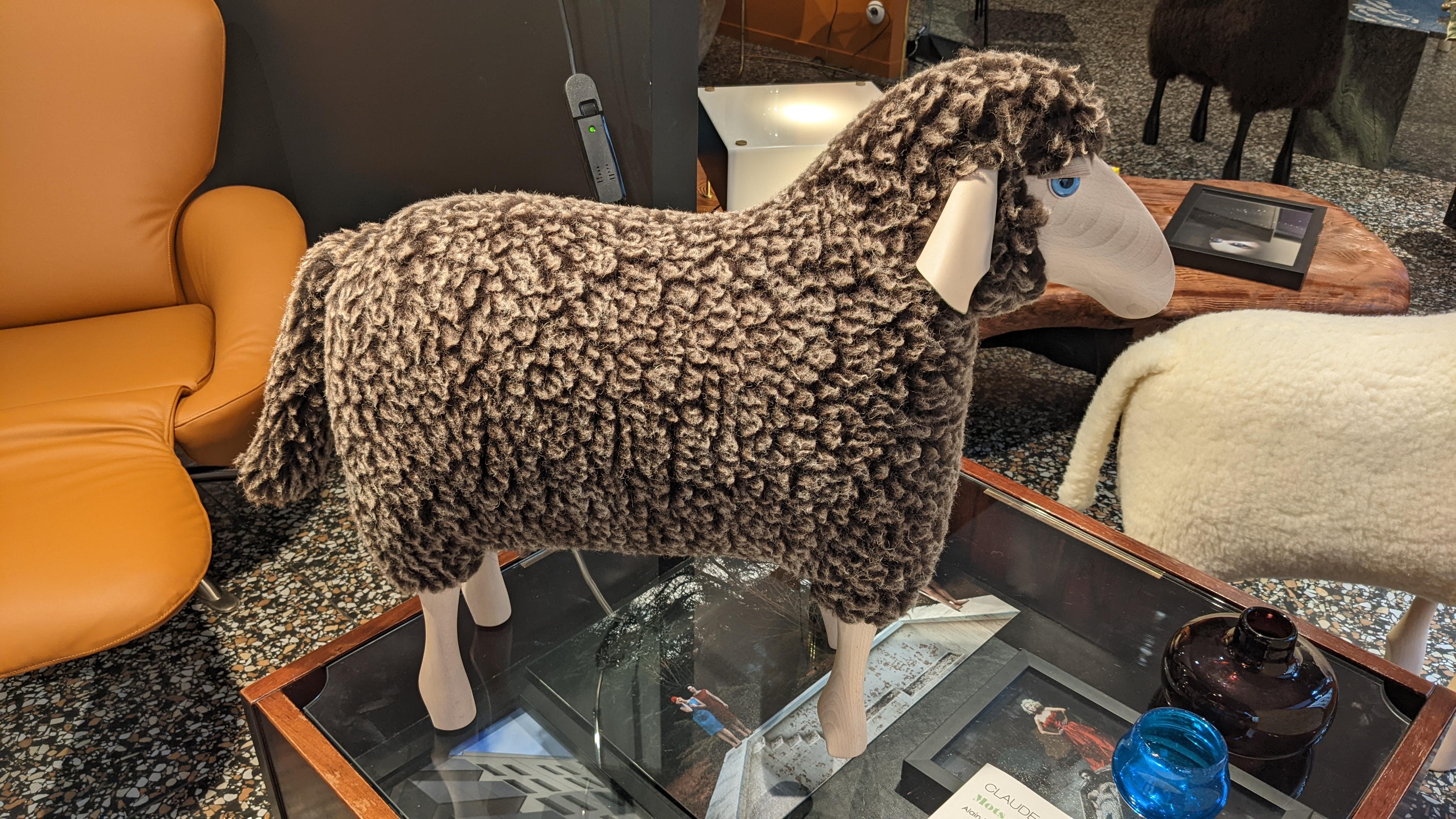 Sheep' is a sculpture in the shape of a sheep created by Hans-Peter KRAFFT in 1982 and handmade in Germany. 
This sheep is designed as a piece of furniture and is strong enough to be used as a stool by adults and children.

Materials:
Wool,