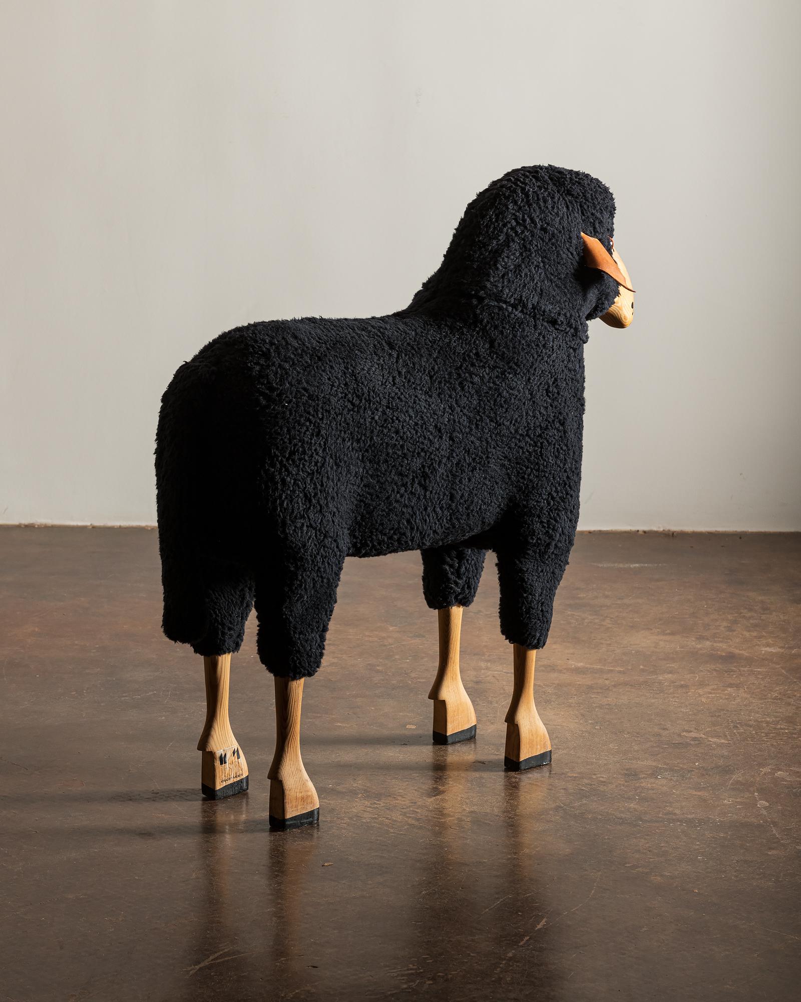 Modern Sheep Sculpture in Black Sheepskin by Hans-Peter Krafft, Germany, 1970s