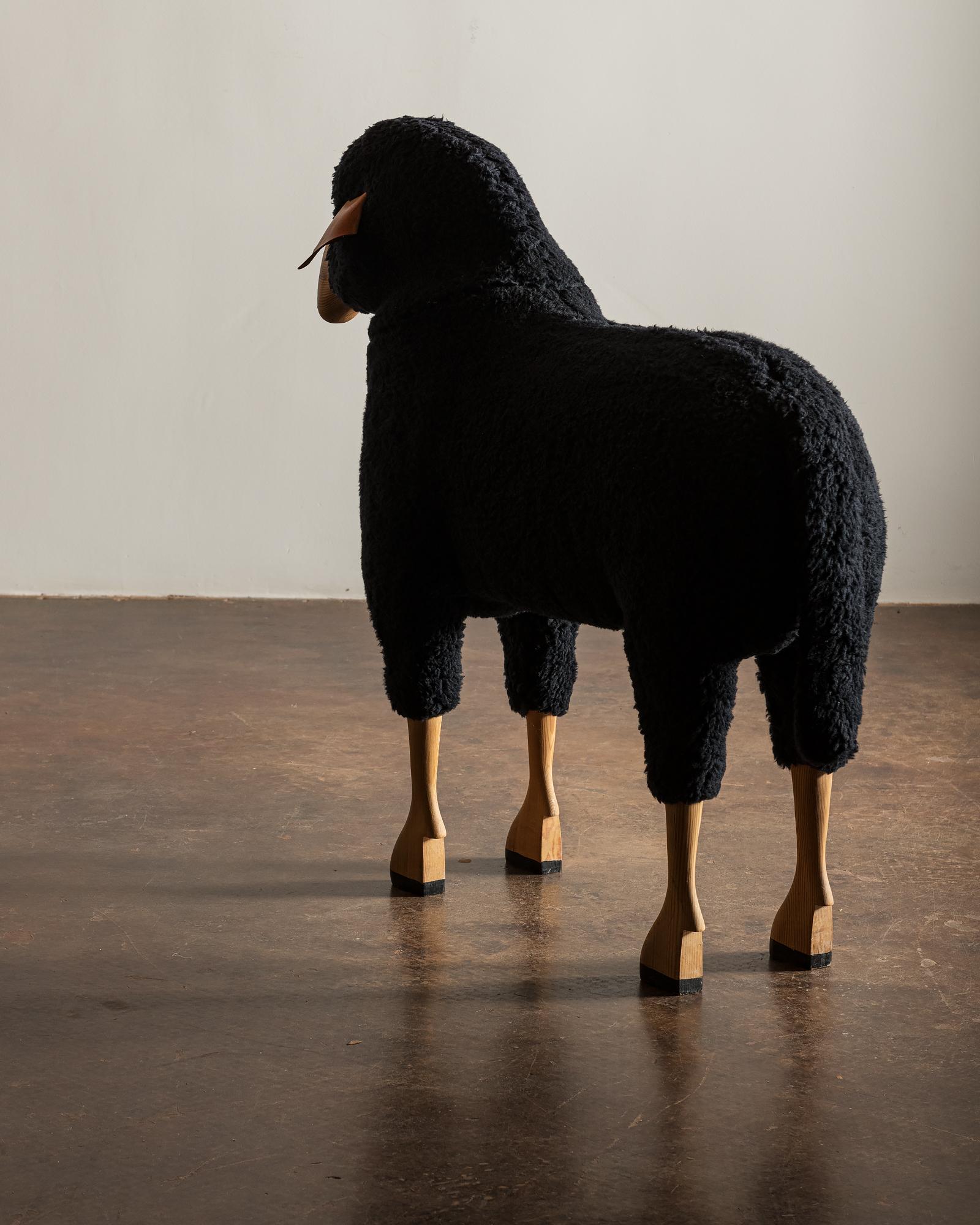 Sheep Sculpture in Black Sheepskin by Hans-Peter Krafft, Germany, 1970s In Good Condition In Sylacauga, AL