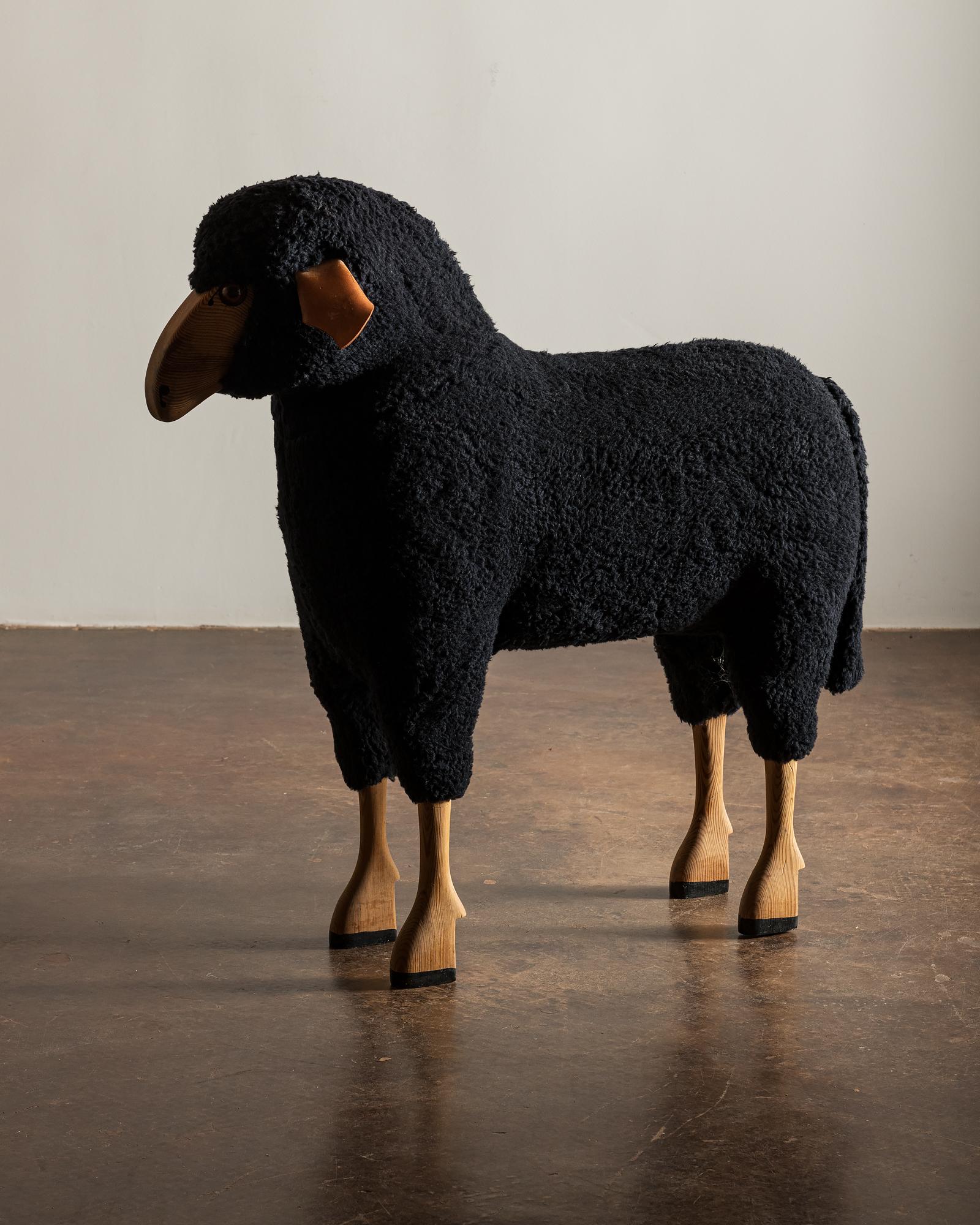 Late 20th Century Sheep Sculpture in Black Sheepskin by Hans-Peter Krafft, Germany, 1970s