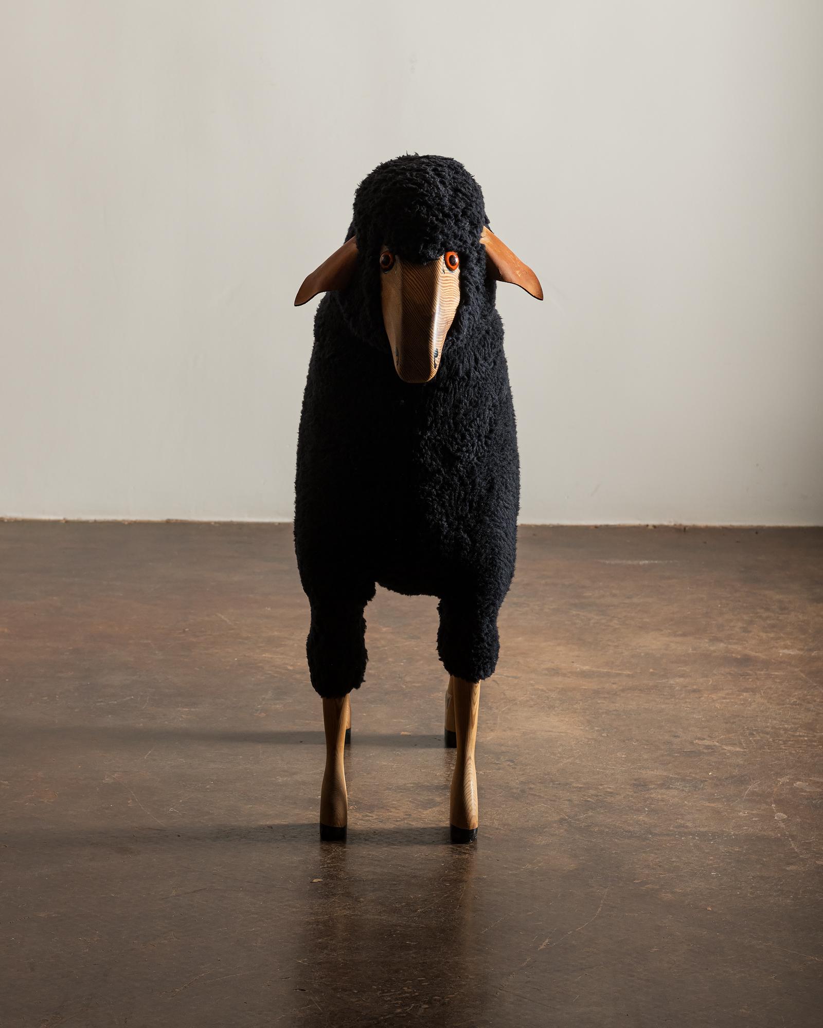 Wool Sheep Sculpture in Black Sheepskin by Hans-Peter Krafft, Germany, 1970s