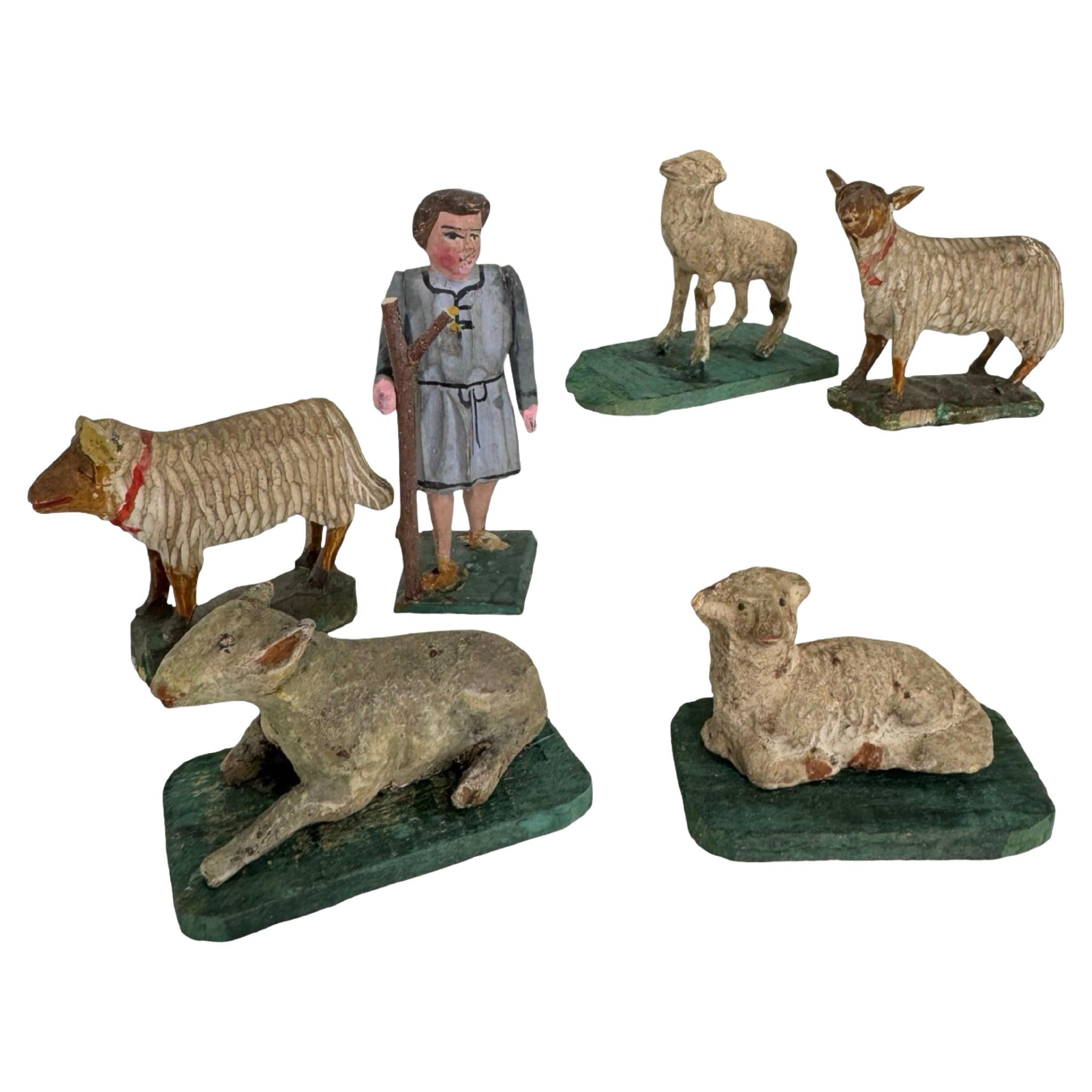 Sheep Shepherd Grulich Christmas Nativity Figure Lot, mid 19th Century Folk Art