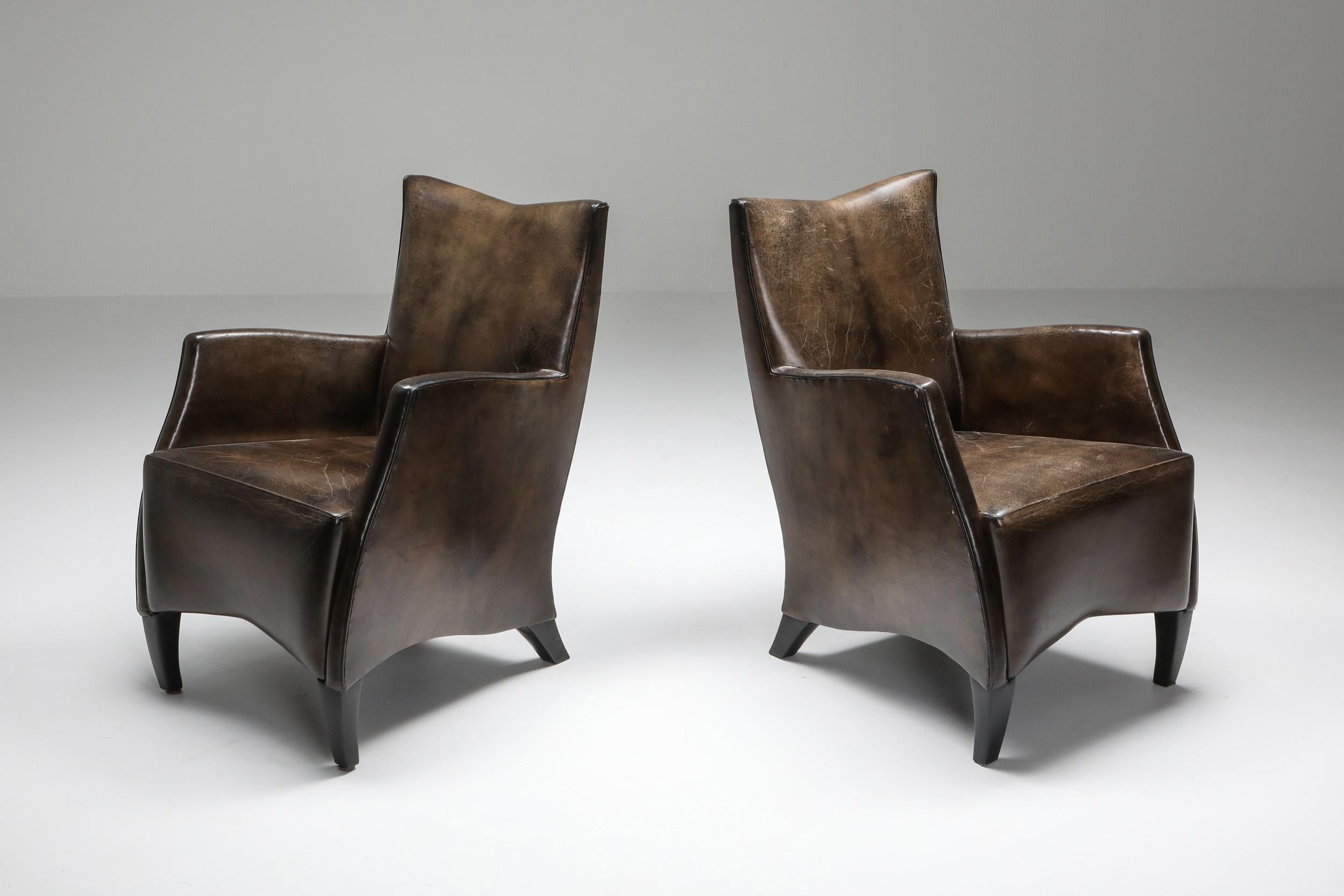 20th Century Leather Armchairs in Brown Grey Patina