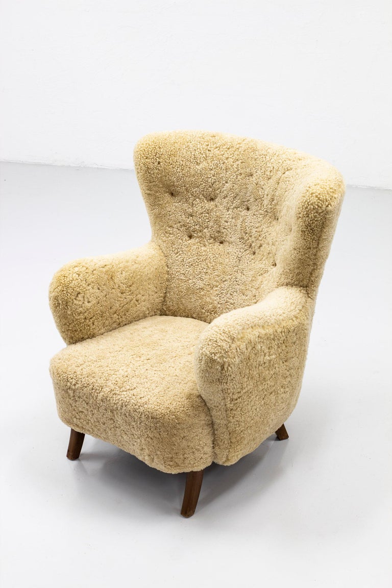 Danish Sheep Skin Lounge Chair by Alfred Christensen, Denmark, 1950s For Sale
